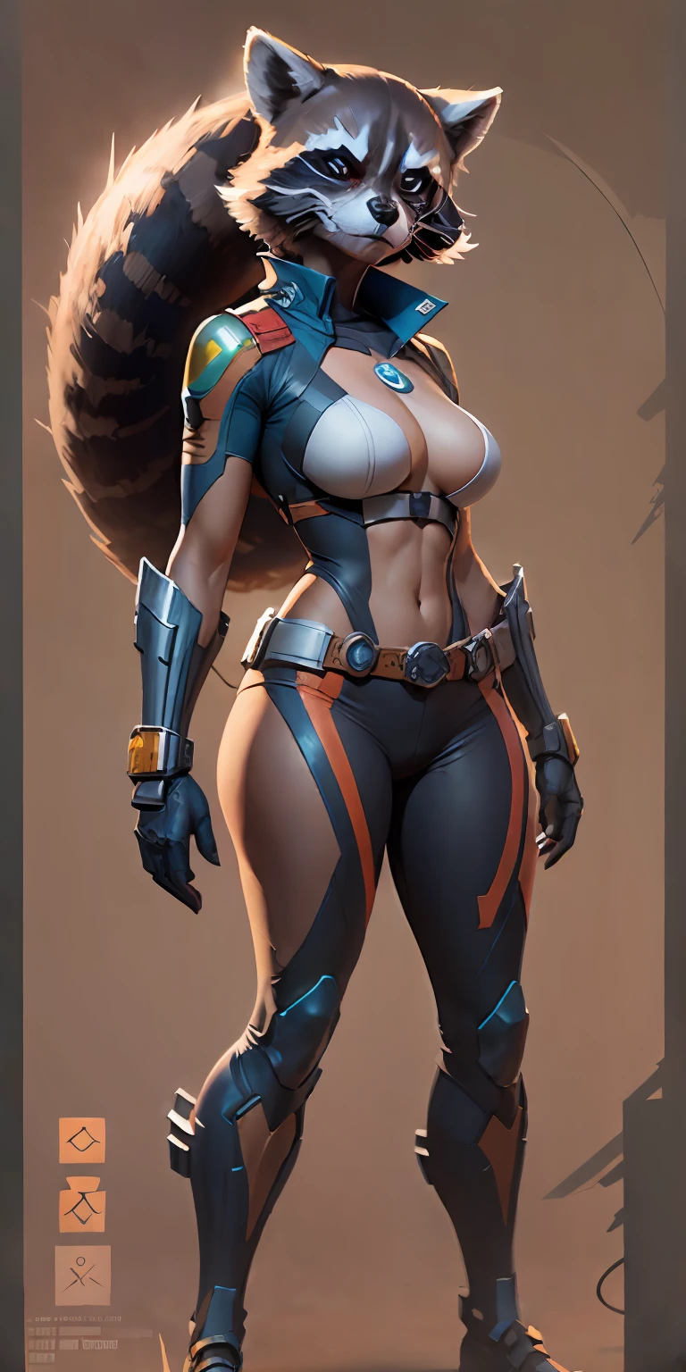 female Rocket Raccoon from Marvel, big breasts, frontal, full-length, looking at the camera, facing the audience, standing pose, technological background, three-dimensional light, detailed full-body concept, sleek digital concept art, beautiful full-body concept art, art trend, CGsociety full-length,