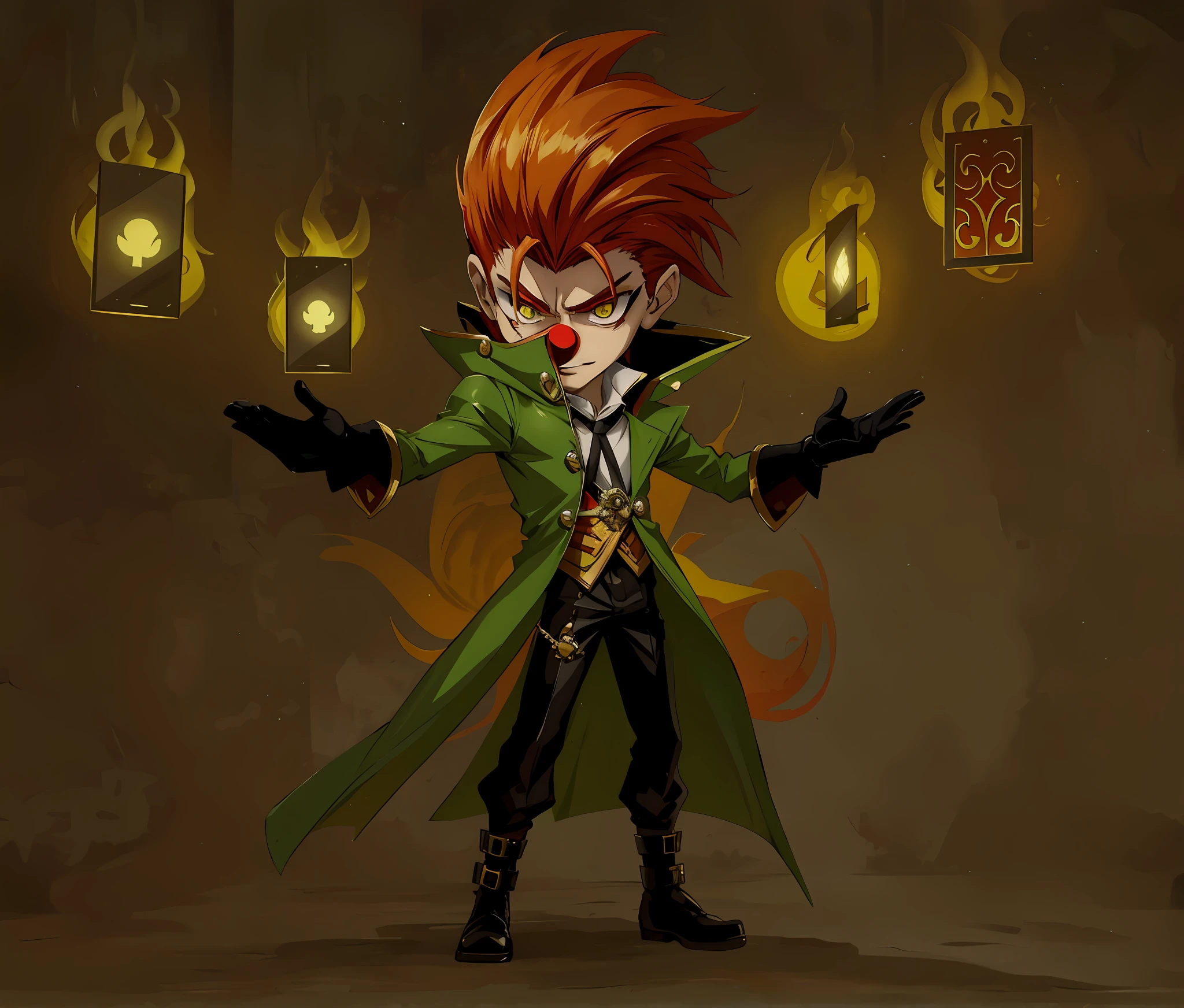 Anime character with red hair and green coat holding a lit lantern, Art des personnages de Maple Story, Dapper Dream Demon, Kakyoïn, Evil male wizard, Advanced Digital Chibi Art, evil wizard, Pose of the villain, Style League of Legends, Portrait du professeur Sinister, Partie Brando, Evil alchemist gnome, Art de style League of Legends, inspired by Luigi Kasimir