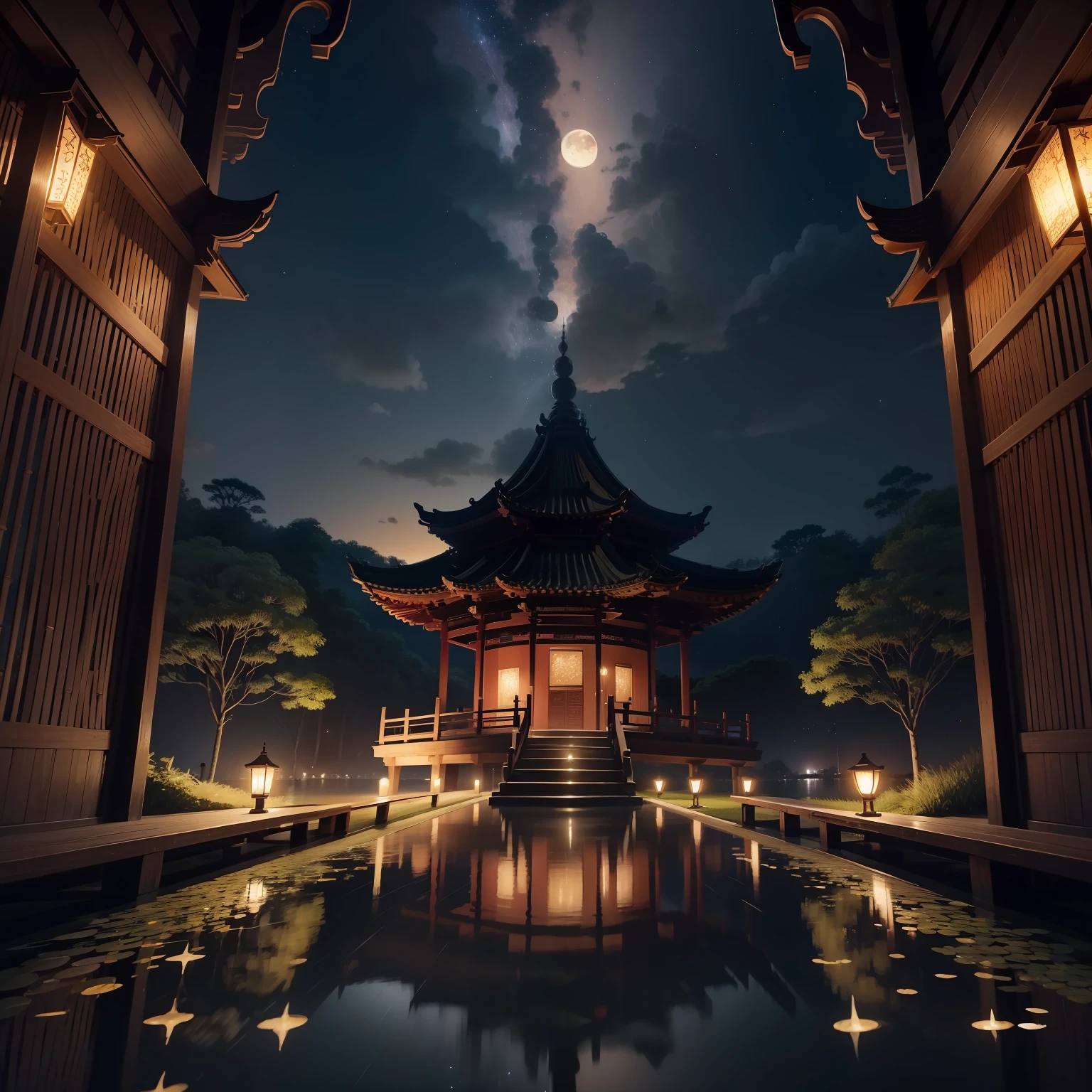 Very detailed night view of the city，The sky is full of stars，The huge moon is reflected on the tranquil lake，detail-rich，Realistic as a real photo，8K分辨率，城市、bamboo forrest、trail、The canopy creates a tranquil atmosphere，The top of the temple tower stands in the sky。