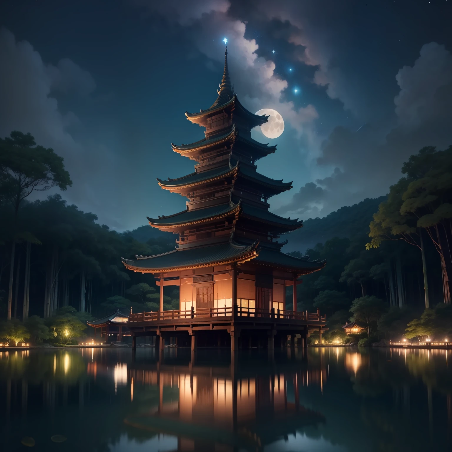 Very detailed night view of the city,The sky is full of stars,The huge moon is reflected on the tranquil lake,detail-rich,Realistic as a real photo,8K分辨率,城市、bamboo forrest、trail、The canopy creates a tranquil atmosphere,The top of the temple tower stands in the sky。
