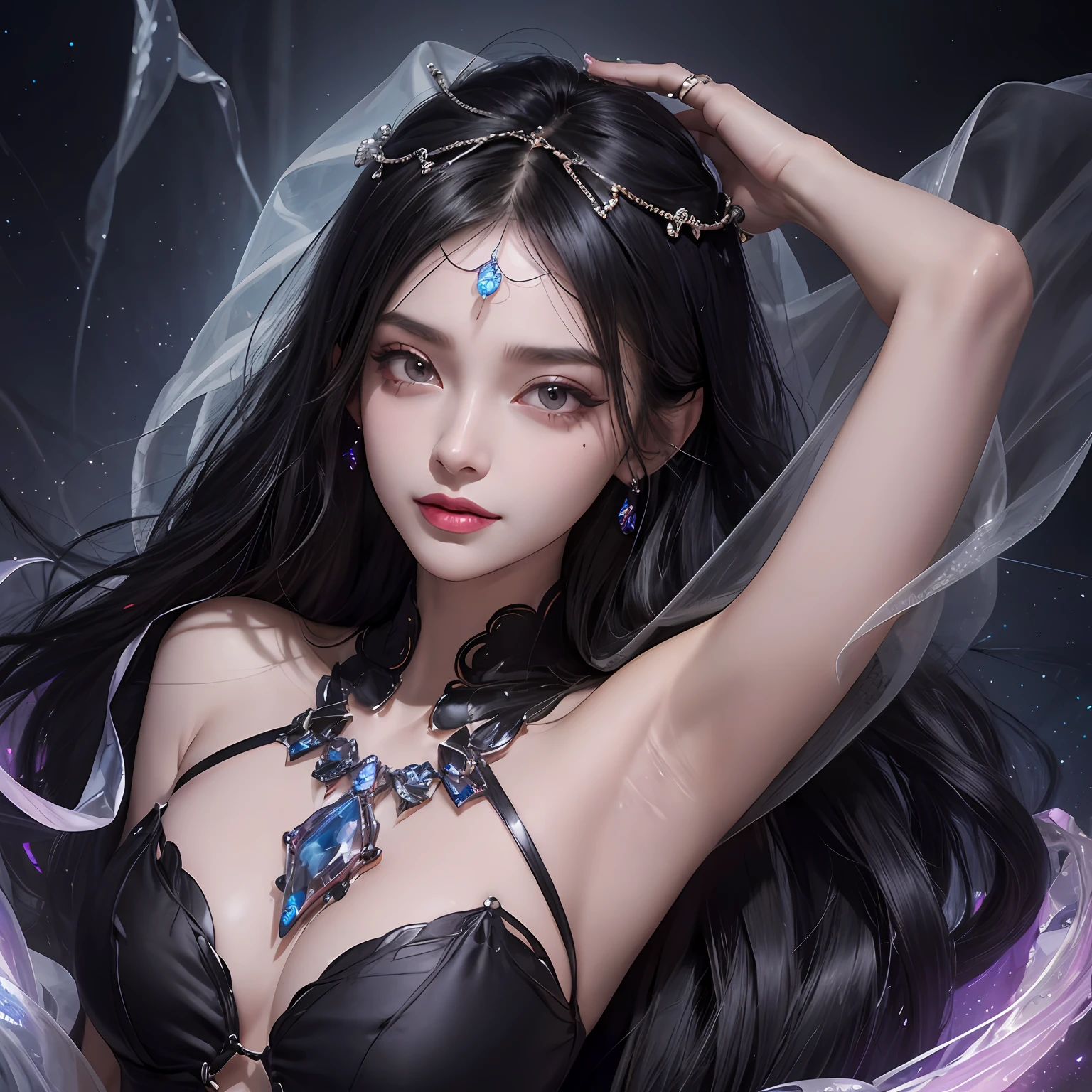 Black hair, Gradient hair, There are precious stones on the forehead, rimless eyewears, mouth veil, Sparkling pupils,long eyelasher, grin, hyper photorealism, Cinematic lighting, projected inset, surrealism, hyper HD, Masterpiece, 16k,Lie down,dream on,Wear transparent silk pajamas,entangled,Tattooed with,Fantasy space,Luxurious space