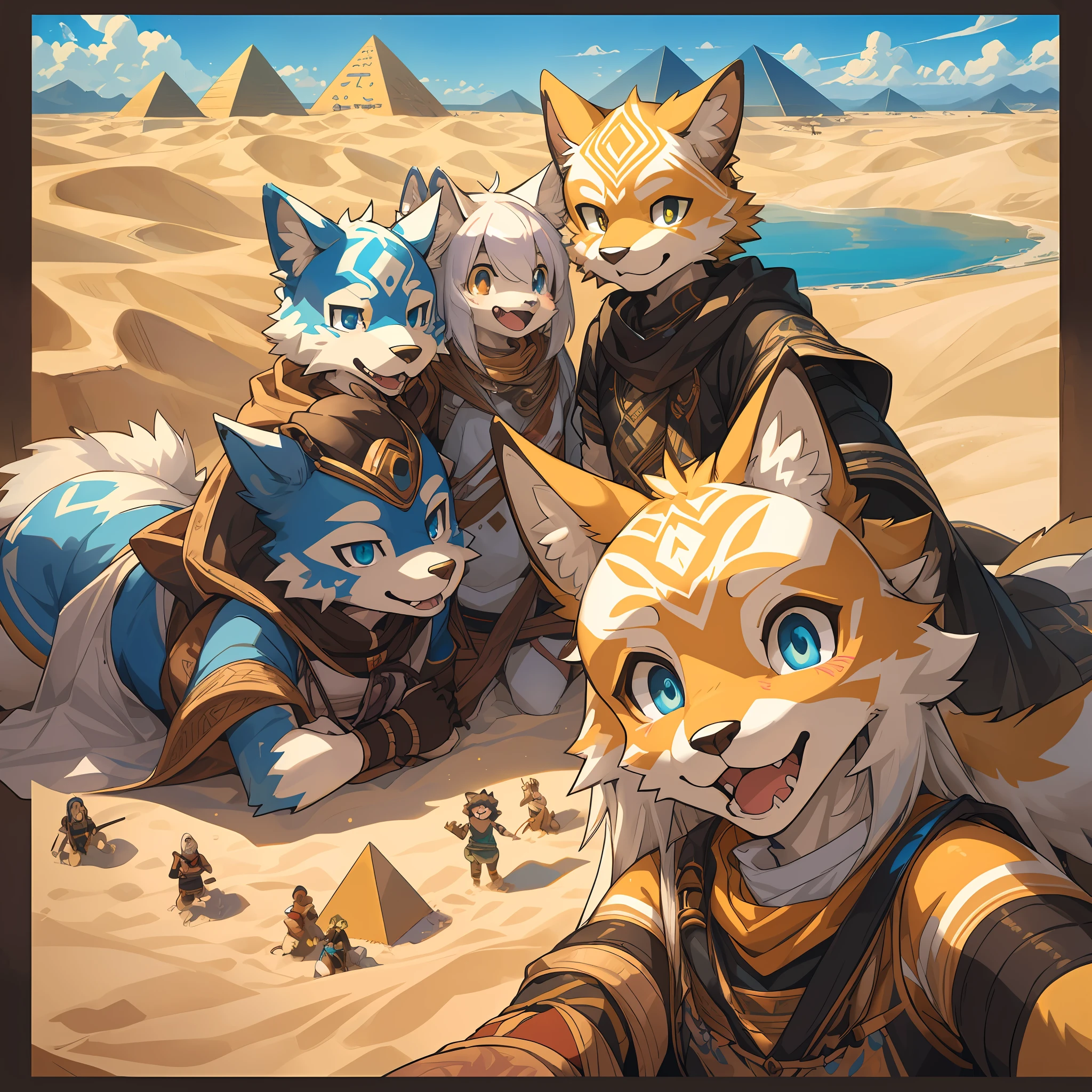 top quality, best quality, High-quality illustrations, masterpiece, super high resolution, detailed background, detailed background, desert, sand dunes, pyramid, oasis, mirage, group shot:0.2, 6+boys, 6+girls, Happy, joyful, absurdres(highly detailed beautiful face and eyes)perfect anatomy(kemono, furry anthro)selfie:0.1,