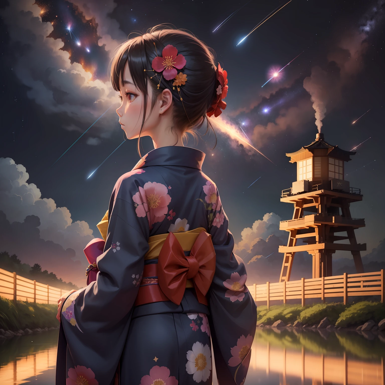1girl, distant girl wearing a kimono staring at the stars, (zoomed out:1.1), (meteor shower:1.2), (comet:1.1), your name, low angle, from behind, aroura borealis, shooting star, yukata, red kimono, cherry blossoms, standing in a field,best quality, masterpiece, cloud,colorful, starry,stars,