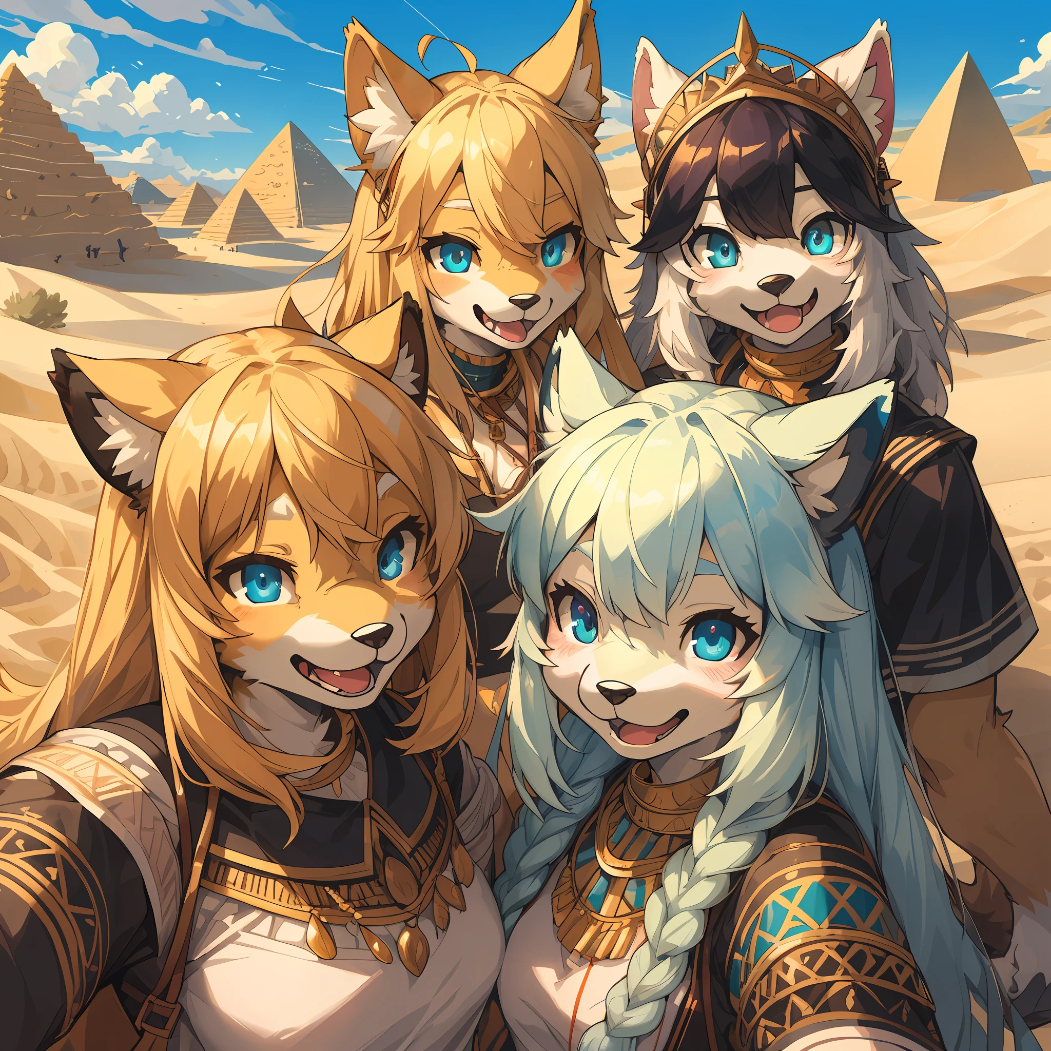 top quality, best quality, High-quality illustrations, masterpiece, super high resolution, detailed background, detailed background, desert, sand dunes, pyramid, oasis, mirage, group shot:0.2, 6+boys, 6+girls, Happy, joyful, absurdres(highly detailed beautiful face and eyes)perfect anatomy(kemono, furry anthro)selfie:0.1,