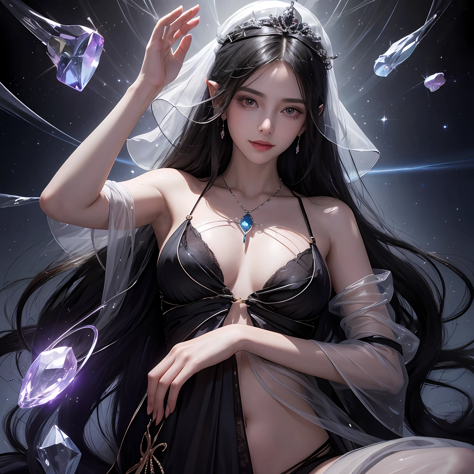 Black hair, Gradient hair, There are precious stones on the forehead, rimless eyewears, mouth veil, Sparkling pupils,long eyelasher, grin, hyper photorealism, Cinematic lighting, projected inset, surrealism, hyper HD, Masterpiece, 16k,Lie down,dream on,Wear transparent silk pajamas,entangled,Tattooed with,Fantasy space,Luxurious space