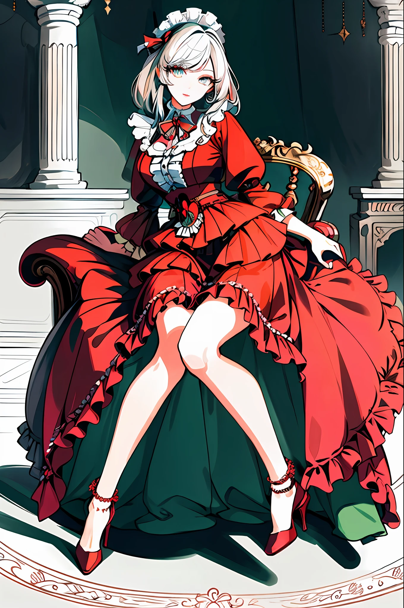 (Masterpiece, Best Quality:1.2),  absurdres, (Traditional Media:1.2), (2d:1.2), (centered:1.3), illustration, skirt_tail, highly detailed, (ultra-detailed), mid shot, (full body:1.3), (perfect female figure), skirt, dress, frills, sitting on a chair, high heels, (solo), beautiful, (detailed eyes, detailed face:1.2), lips, smilebeautiful, lips, shiny, dynamic pose, various colors, depth of field, scenery, (details:1.2), sharp focus, depth of field, center frills