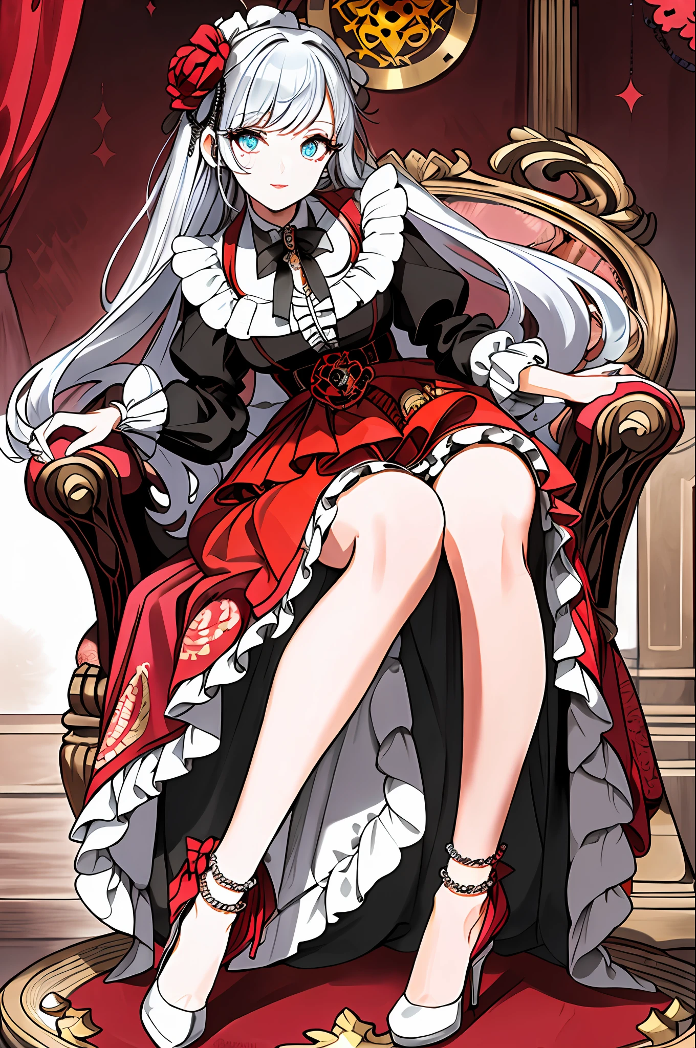 (Masterpiece, Best Quality:1.2),  absurdres, (Traditional Media:1.2), (2d:1.2), (centered:1.3), illustration, skirt_tail, highly detailed, (ultra-detailed), mid shot, (full body:1.3), (perfect female figure), skirt, dress, frills, sitting on a chair, high heels, (solo), beautiful, (detailed eyes, detailed face:1.2), lips, smilebeautiful, lips, shiny, dynamic pose, various colors, depth of field, scenery, (details:1.2), sharp focus, depth of field, center frills