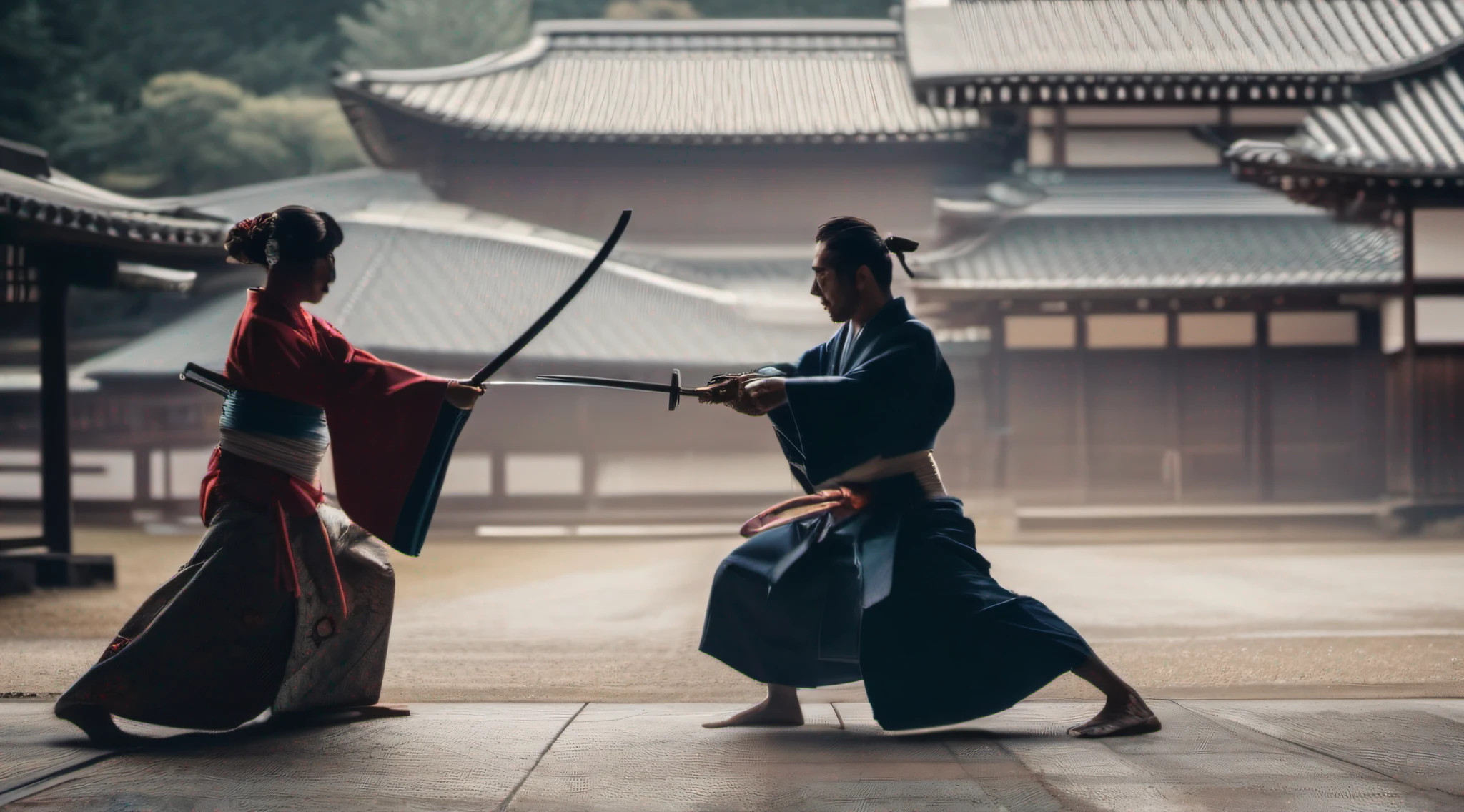 A samurai man and a geisha woman wearing a kimono fighting each other holding swords in Japan
