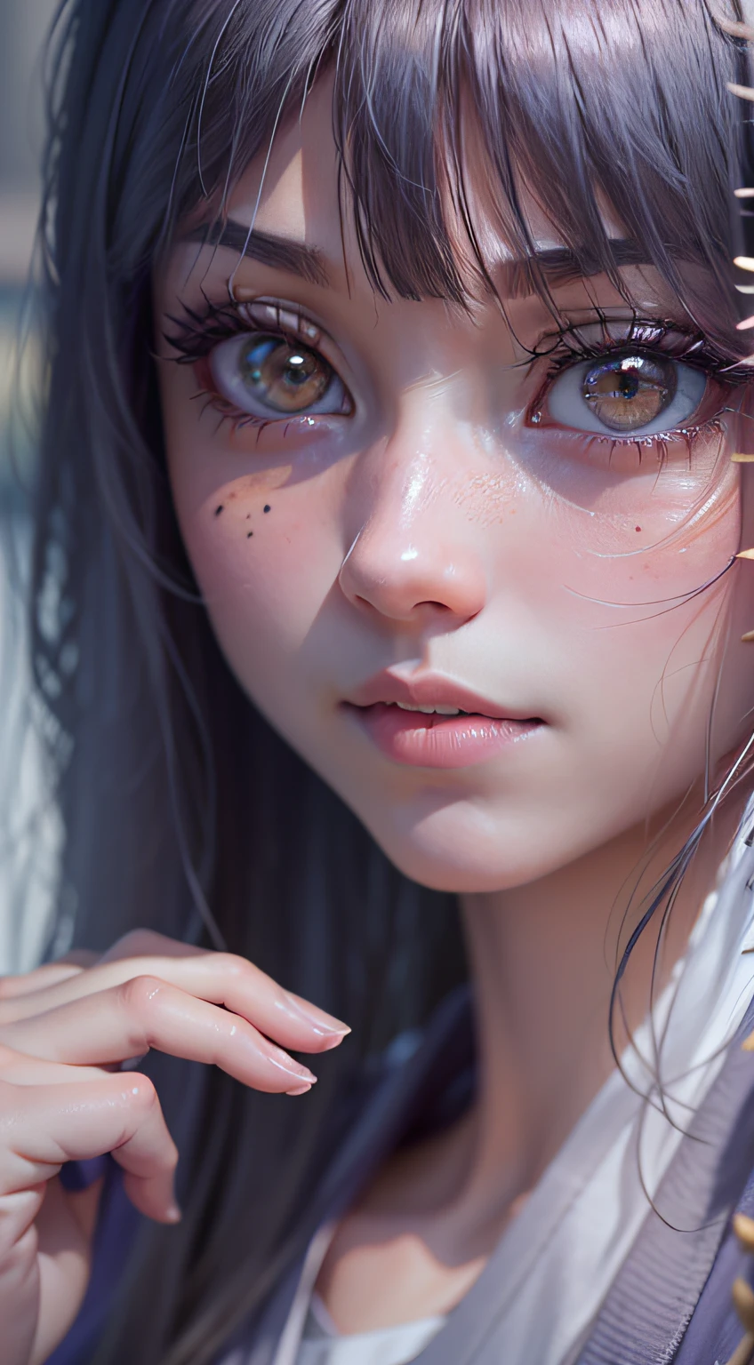 Unbeatable masterpiece, CG 8k ultrarrealista, arte perfeita, super detailed rendering, obra-prima, alta qualidade, alta resolução, detail maniac, highes definition, alta qualidade, rosto detalhado, membros detalhados do corpo, 1girl, solo, Hinata Hyuga, (20 anos), roupa da Hinata Hyuga sem mangas, (olhos de Byakugan da Hinata Hyuga em uma cor branca impressionante:1.5), camisa sem mangas, roupa da Hinata Hyuga, Dark lips, seios expostos, blush, Seios enormes, corpo feminino, corpo inteiro,