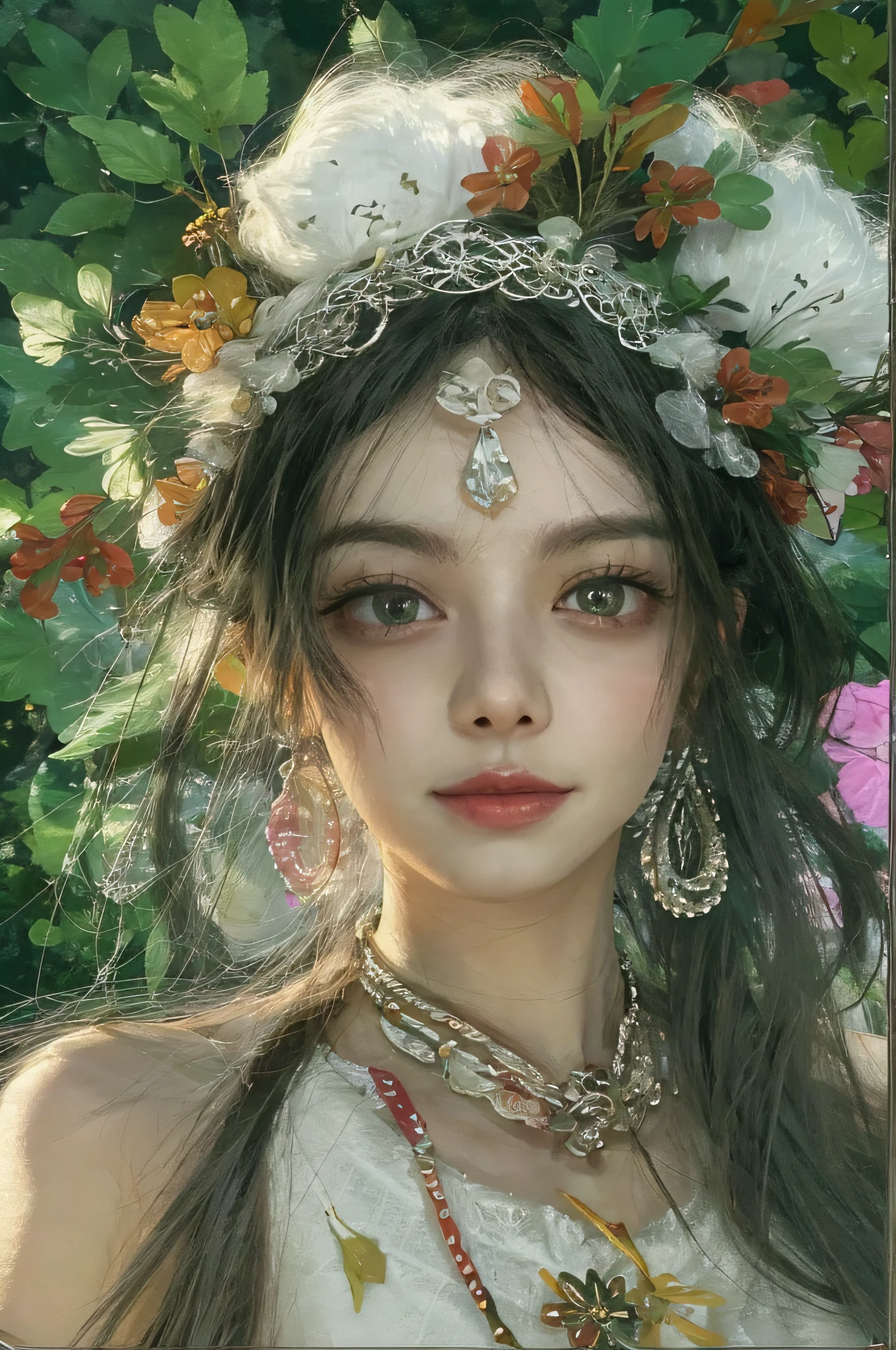 best qualtiy,tmasterpiece,A high resolution,1girl,Porcelain skirt,hair adornments,choker necklace,jewely,beautiful face,Background with foliage dusk