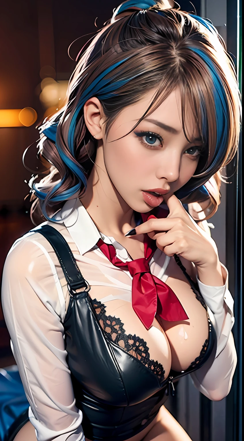 From above、cum on facial,Glamour、Schoolgirl、high-heels、Wet shirt tied in front、Seducting look、licking finger、Sucking fingers、Opening Mouth、((heavy make-up))、((Random hair color)),((Random hair color)),