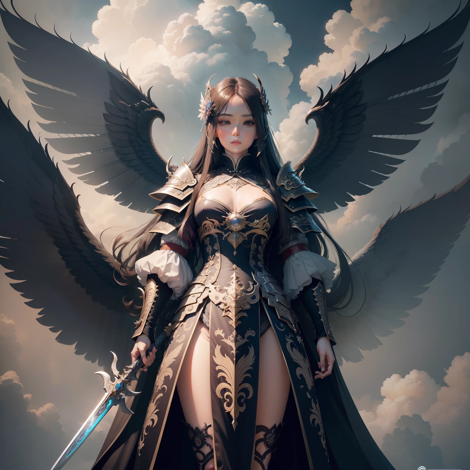tmasterpiece,best qualtiy,ultra - detailed,very detailed illustration,The is very detailed,Complicated details,A high resolution,Super intricate details of 8k CG wallpapers,Star halo,fully armoured,Very long hair,Huge wings,Chinese style armor,Look up,sword,Cloud fog,Shogun,ssee-through