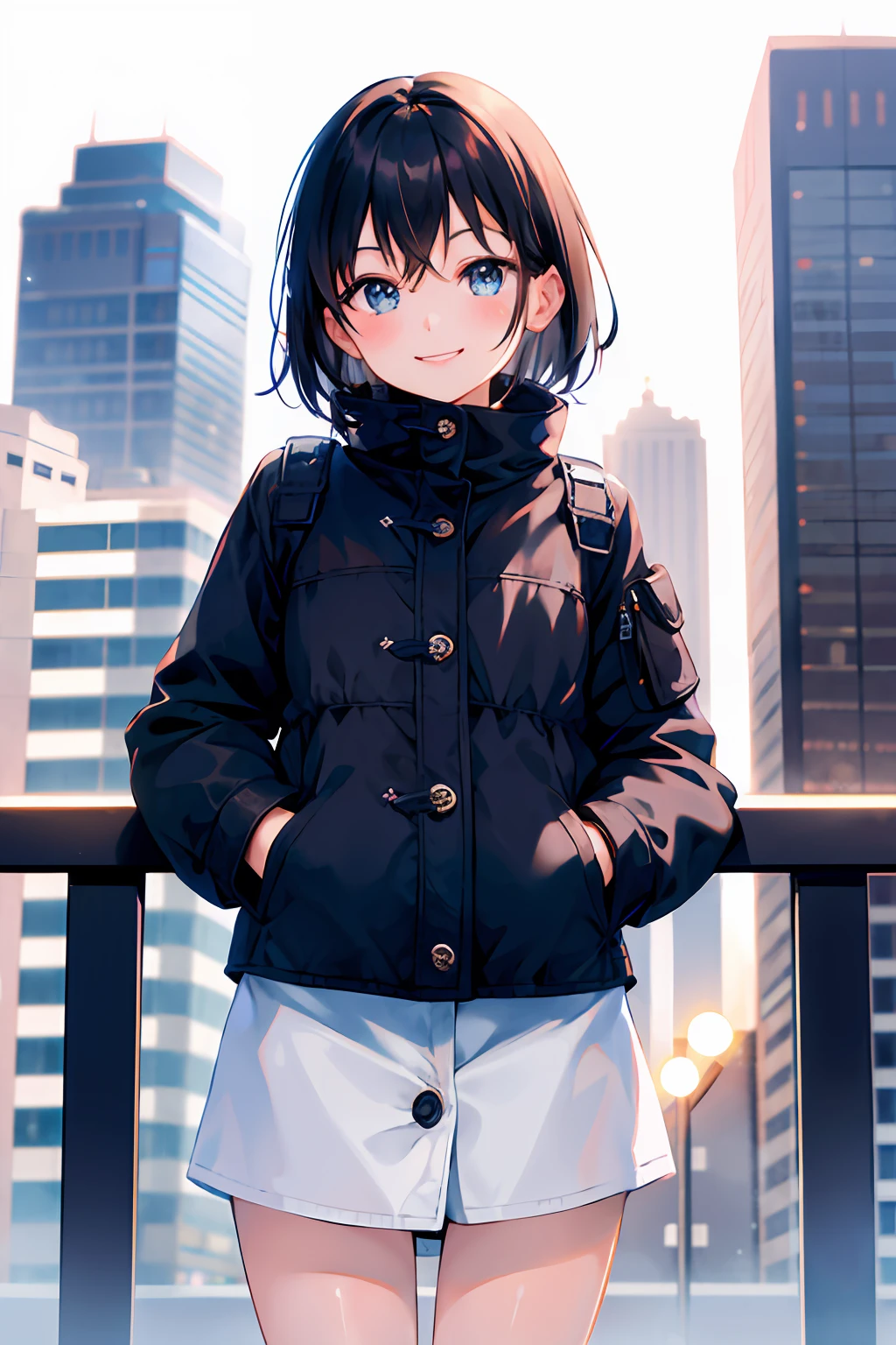 (morning), 1girl, solo, looking at viewer, winter, cowboy shot, (downtown), cowboy shot, smile, black hair