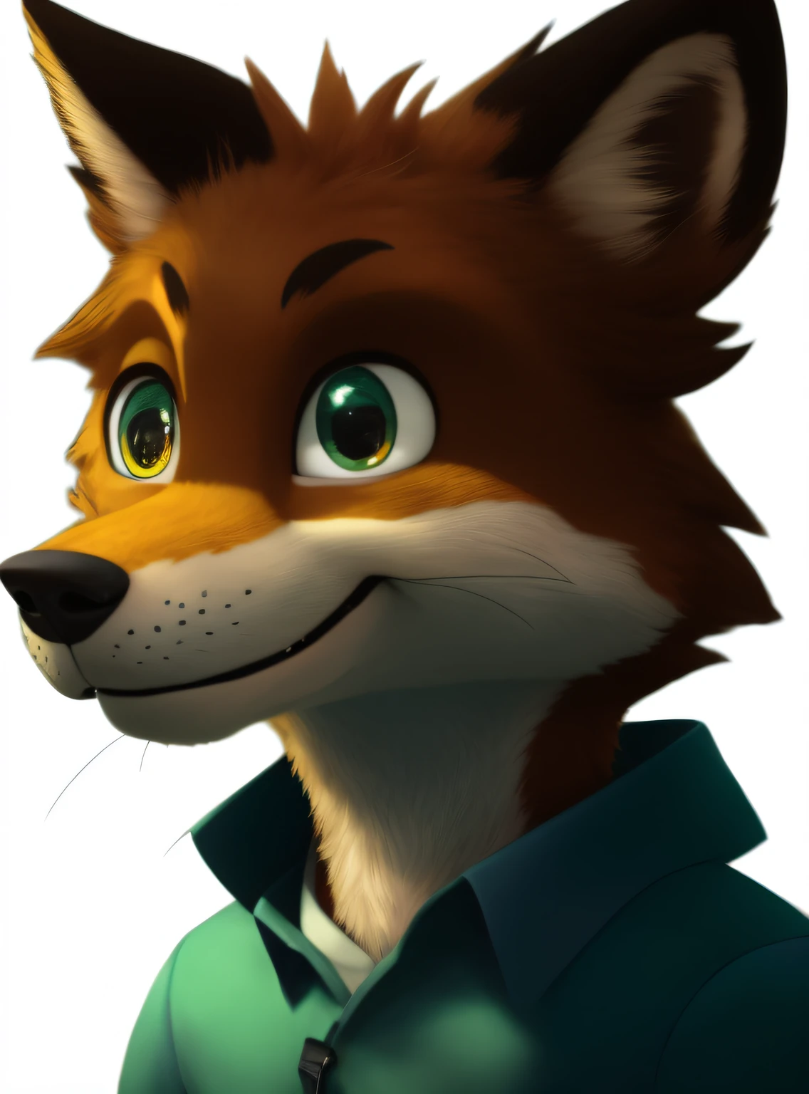 A cartoon fox in a blue shirt and a green shirt, furry character portrait, portrait of an anthro fox, handsome weasel fursona portrait, Furry character, anthro portrait, fursona art, furry furaffinity, 《Zootopia》Nick Wilde, commission on furaffinity, fursona commission, tonic the fox, spotted ultra realistic, Sly smile