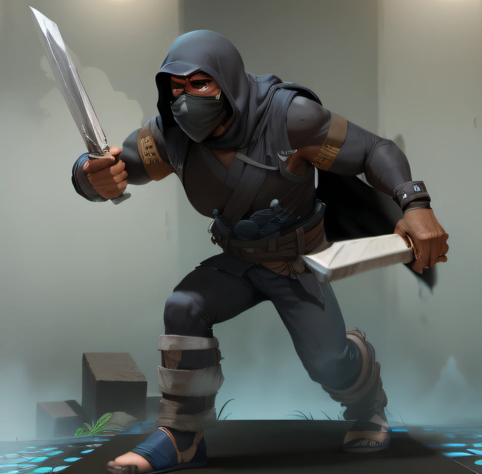 Man, pele negra, mascarado, segurando duas facas, Ninja, Modo Ninja, fundo noturno, walls behind him.