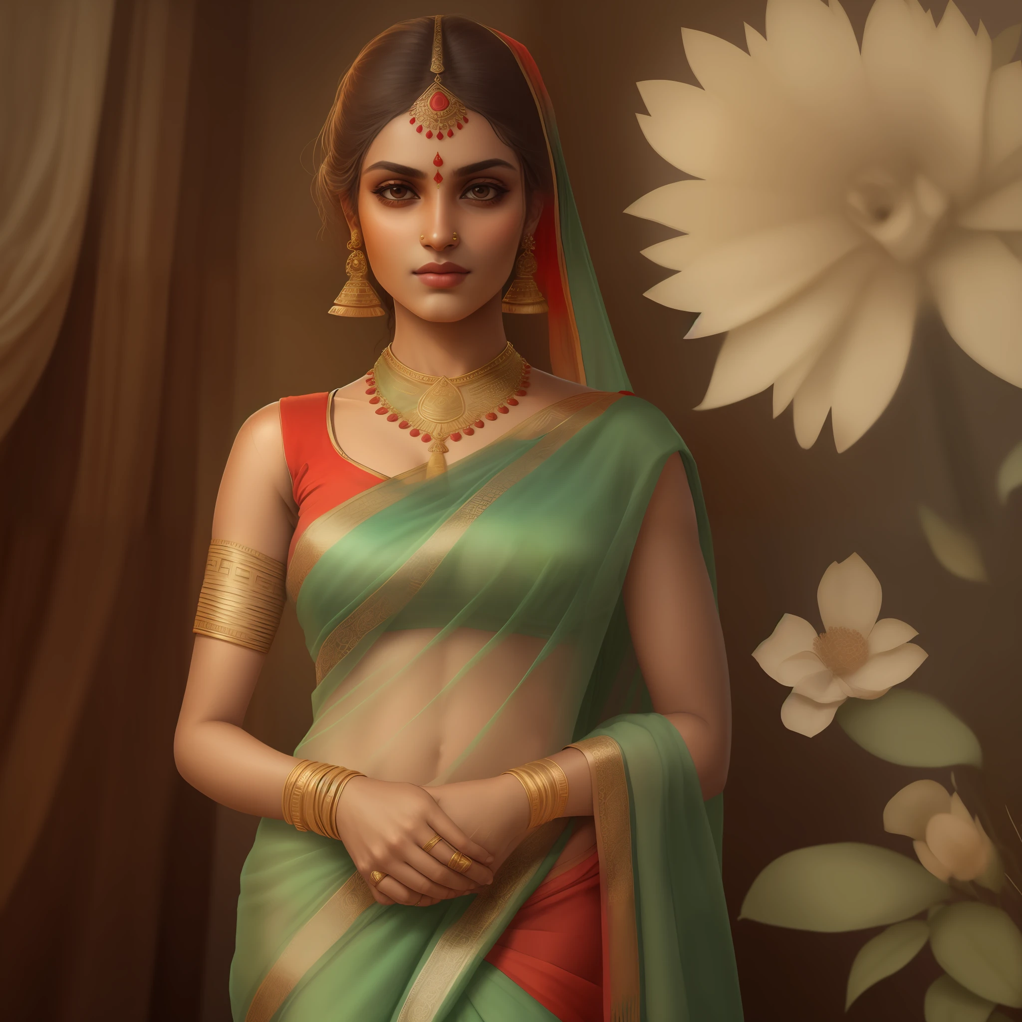 a beautiful ancient girl standing in saree, realastic image