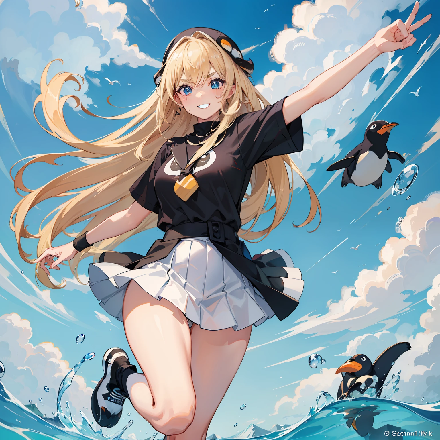 masterpiece, fine detail, 4k, 8k, 12k, solo, solo, beautiful girl, caucasian female, blonde, long hair, pretty face, thick eyebrows, smile, jumping, penguin logo clothes, penguin clothes, penguin costume, short sleeves, miniskirt, jumping, penguins around, blue sky, sparkling sweat, delicate background