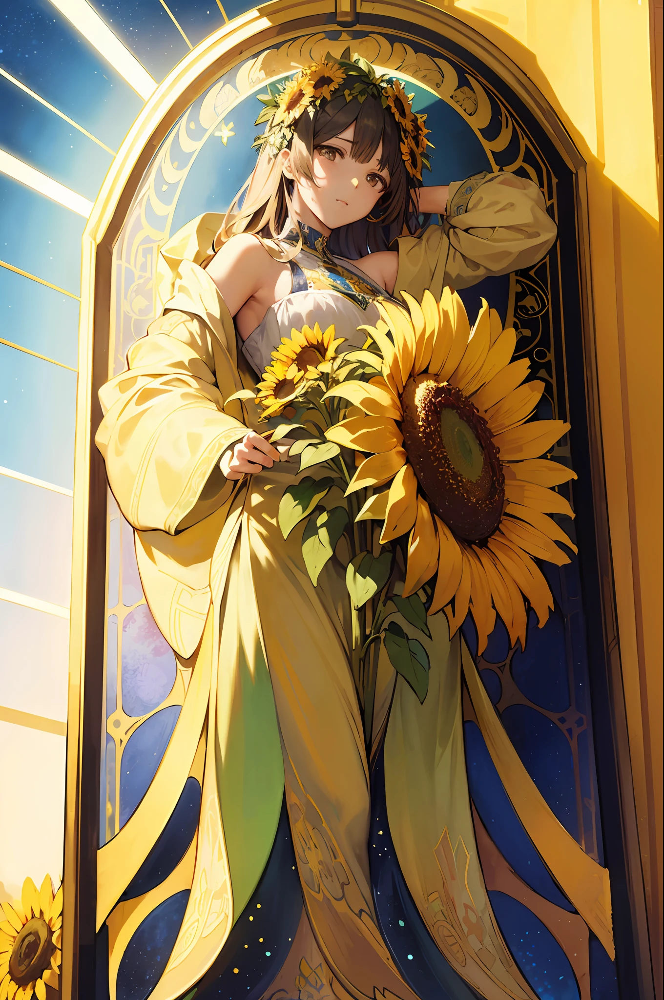 Personification of sunflower flowers、Sunflower field and solar frame、Decorative panel、abstract art、By Alphonse Mucha (masterpiece、top-quality、hight resolution: 1.4)、More about realism、intricate-detail、4K、color splashes、line-drawing、Fibonacci、