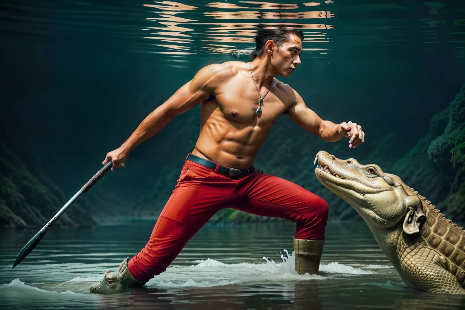 There was a man holding a spear wearing red pants and a crocodile in the water..., Stunning action photography, crocodile god lair, Crocodile Loki, Creative Image Management, Photo management, crocodile. shaman., by Rudy Siswanto, by Aleksander Gierymski, As a reptile warrior, Atlantic Ocean., Photoshop Water Management, By Ignacio Zuloaga, Amazing shots...