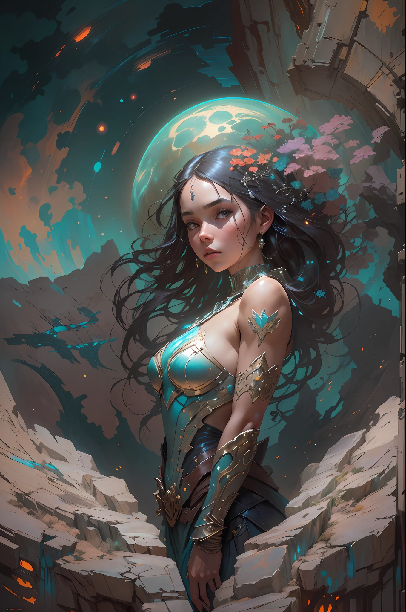 Portrait of a girl standing on a marvelous stone, standing gitl:1.2, (Low contrast ), colorfantasystyle， Oil painting on matte canvas, sharp detailed, the expanse scifi spacescape ceres colony, Intricate, Highly detailed, Digital painting, plethora of colors, smooth, Sharp focus, illustration, Unreal Engine 5, 8K, art by artgerm and greg rutkowski and alphonse mucha , art by midjourney