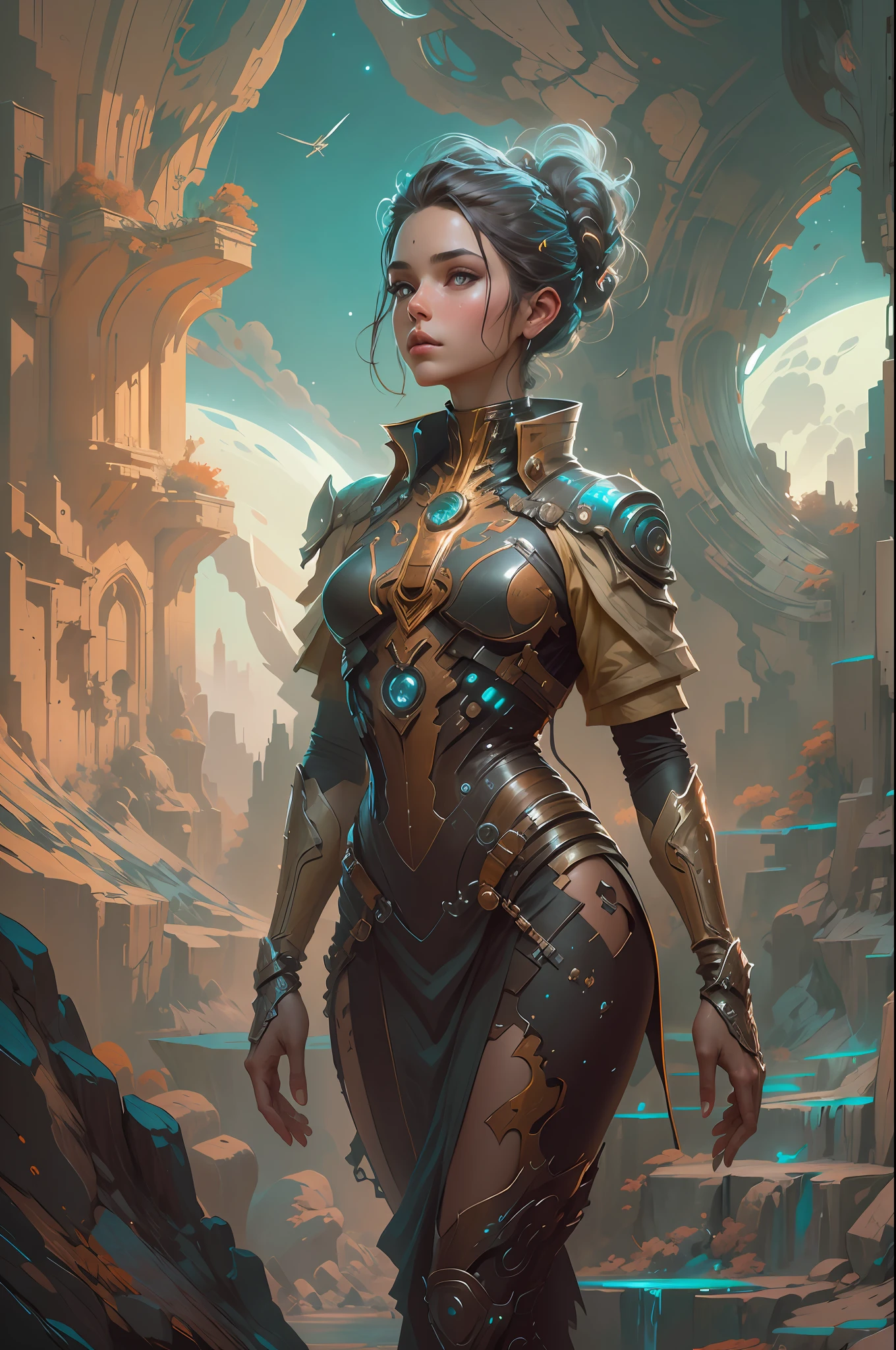 Portrait of a girl standing on a marvelous stone, standing gitl:1.2, (Low contrast ), colorfantasystyle， Oil painting on matte canvas, sharp detailed, the expanse scifi spacescape ceres colony, Intricate, Highly detailed, Digital painting, plethora of colors, smooth, Sharp focus, illustration, Unreal Engine 5, 8K, art by artgerm and greg rutkowski and alphonse mucha , art by midjourney