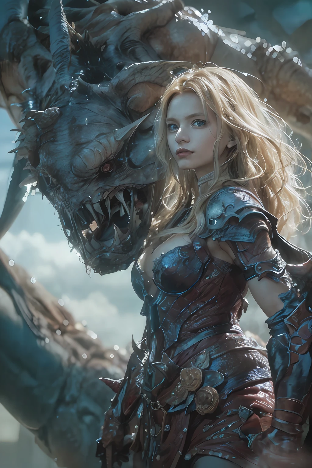 Photorealista, hightquality, ​masterpiece, Film composition,  (Chain and plate armatures, (Women and monsters,realistic and detailed |complex armour:1.1), (visible face:1.3), (Physiognomy of photorealists|The eye|Iris|skin|musculature,Long Blonde Hair,blue eyess, detailedskin, Skin Texture, Natural Skin), (Holding a sword in his hand:1. 2),  (grotesque monsters,Big monster behind a woman),Front perspective, hali々And the definitive pose, Looking forward with determination, skin imperfections, Natural skin wrinkles, Natural skin blemishes, Very detailed clothes, Rich details, intricate detailes, Realistic wrinkles on clothes, Medieval fantasy landscape, Skyclear, Castle on a distant background, radiant lighting, deep-shadows, Dark and cold color palettes, Shades of blue and gray,  There are no other characters in the scene, Rich details|Convoluted, Detailed landscapes, volume illumination, (Detailed Lighting), (Detailed light reflection of armor:1. 1), 8K, ighly detailed, nffsw, nffsw, Photorealistic look|hairstyle on