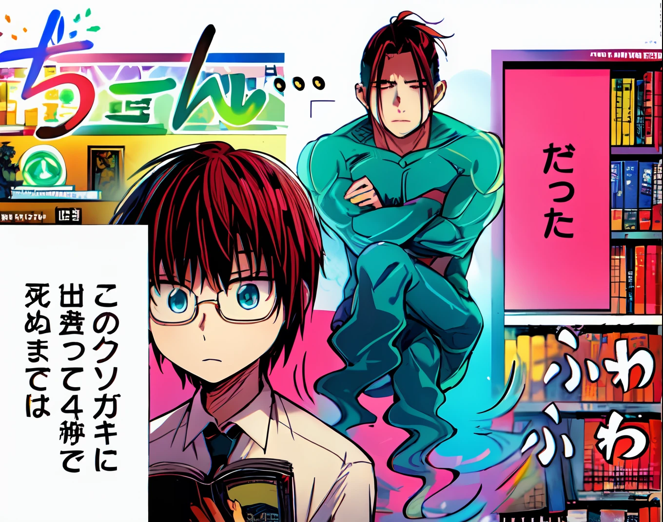 a anime of a boys manga, soul spirit behind him, text manga, color manga, manga color, color manga, color manga panel, simple background