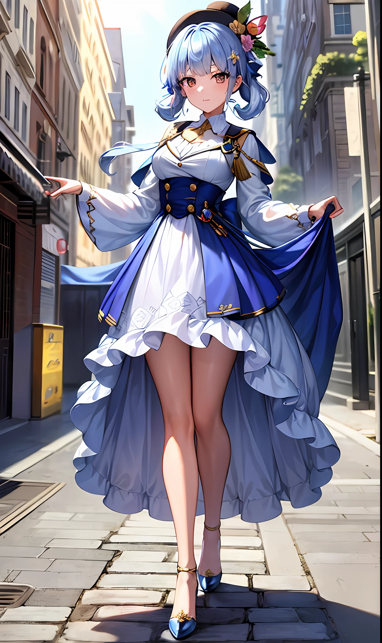 (Masterpiece, Best quality, Ultra-detailed, A high resolution), Perfect face, side-lighting, Glossy glossy skin, standing,
(full bloom), (Shine), lighting, Ray tracing, Sci-fi, City, street, Outdoor, Depth_af_Field,
red color eyes , High heels, whirlwind of water, hair adornments, bangs, Light blue hair, butterfly hair ornaments, Uesugi Eri, Painted pears(heytea\),   Hat, single hair ring,In the heart of the city