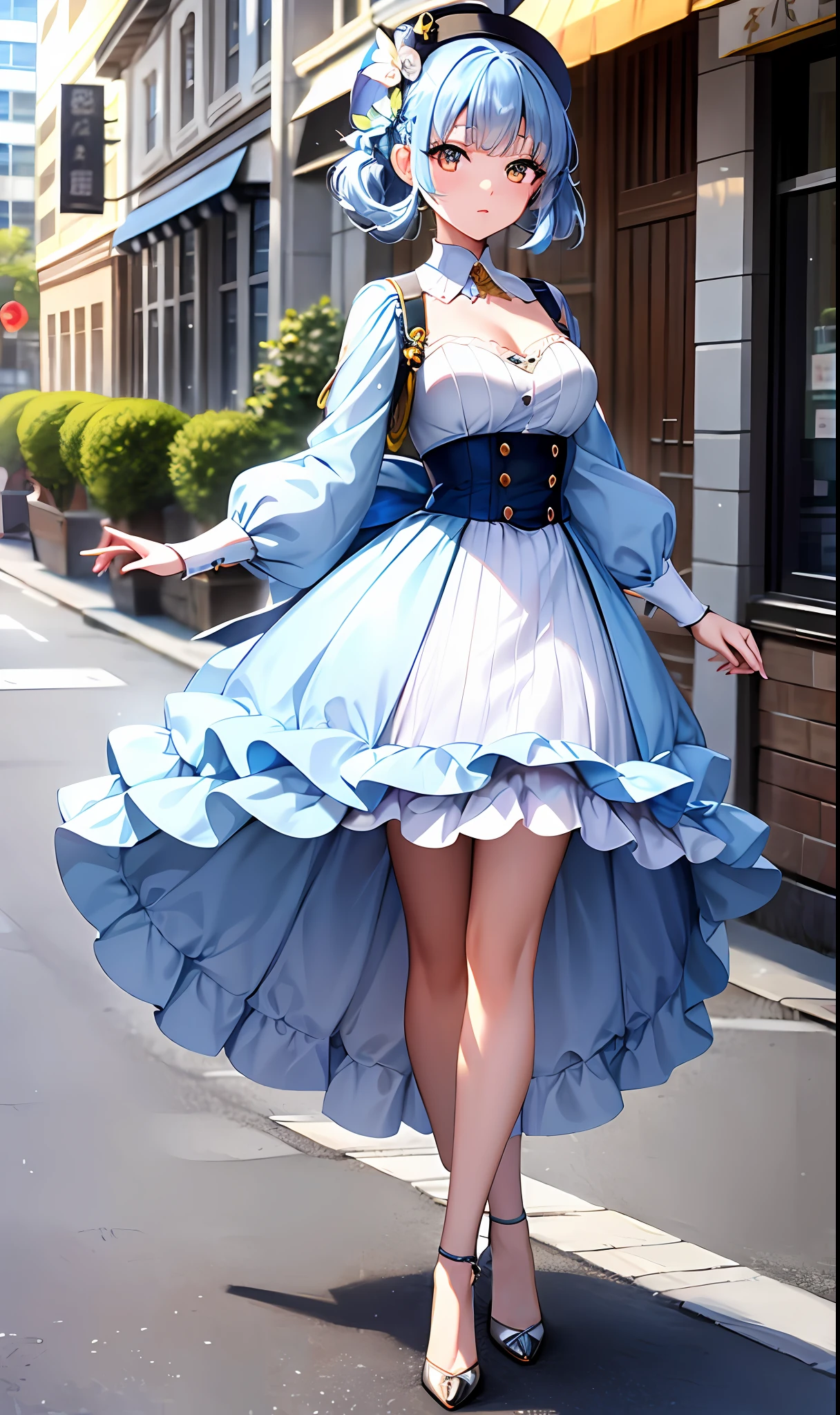 (Masterpiece, Best quality, Ultra-detailed, A high resolution), Perfect face, side-lighting, Glossy glossy skin, standing,
(full bloom), (Shine), lighting, Ray tracing, Sci-fi, City, street, Outdoor, Depth_af_Field,
red color eyes , High heels, whirlwind of water, hair adornments, bangs, Light blue hair, butterfly hair ornaments, Uesugi Eri, Painted pears(heytea\),   Hat, single hair ring,In the heart of the city