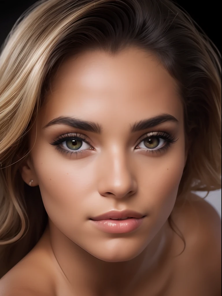 A photorealistic portrait of a insanelybeautiful tanned Brazilian woman with light make-up, extremely detailed light honey eyes, detailed symmetric realistic face, extremely detailed natural texture, peach fuzz, messy windy hair, masterpiece, absurdres, award winning photo by Francesco Scavullo, nikon d850 film stock photograph, kodak portra 400 camera f1.6 lens, extremely detailed, amazing, fine detail, rich colors, hyper realistic lifelike texture, dramatic lighting, unrealengine, trending on artstation, cinestill 800 tungsten, looking at the viewer, photo realistic, RAW photo, TanvirTamim, high quality, highres, sharp focus, extremely detailed, cinematic lighting, 8k uhd