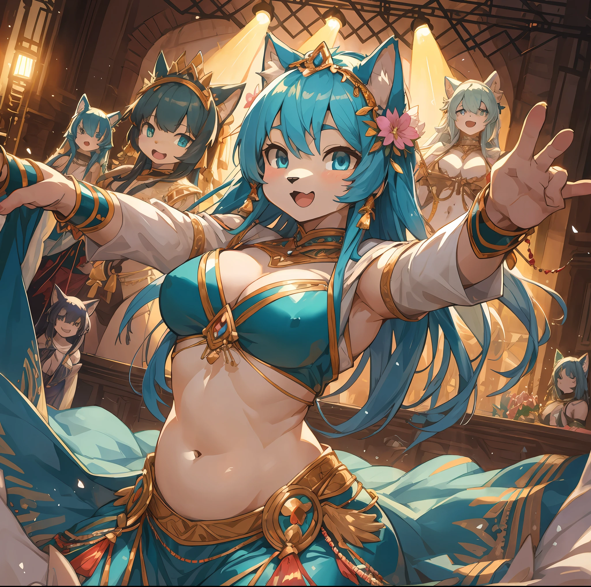 top quality, best quality, High-quality illustrations, masterpiece, super high resolution, detailed background, detailed background, Belly dancer, Raqs Sharqi, stage, Spotlight, group shot:0.2, 6+boys, 6+girls, Happy, joyful, absurdres(highly detailed beautiful face and eyes)perfect anatomy(kemono, furry anthro)selfie:0.1,