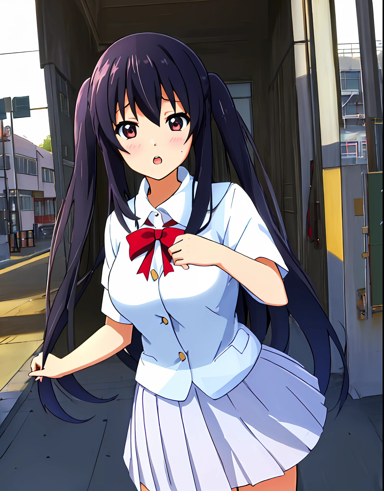 1girl, (((masterpiece))), top-quality, top-quality, High Details, nakano azusa, 1girl, Sakuragaoka High School Uniform, student clothes, Twin-tailed, length hair, A dark-haired, brown-eyed, 独奏, reddish, Dark blue blazer with thin red ribbon, Solid white buttoned shirt under blazer, illustratio, comic strip, soothing tones, Subdued Color, Soft cinematic light, adobe lightroom, photolab, HDR, intricately and hyper-detailed、(((depth of fields))))。(((masterpiece)))。(((top-quality))).)((ultra-detailliert)))。(((illustratio)))。(((takeout))).dynamic focus.big breasts.(((Skyscrapers))).(((A city scape))).(((Face of sadness))). open mouth.(((fighting stance))).(((up chest))).((evening glow)).((the setting sun)).