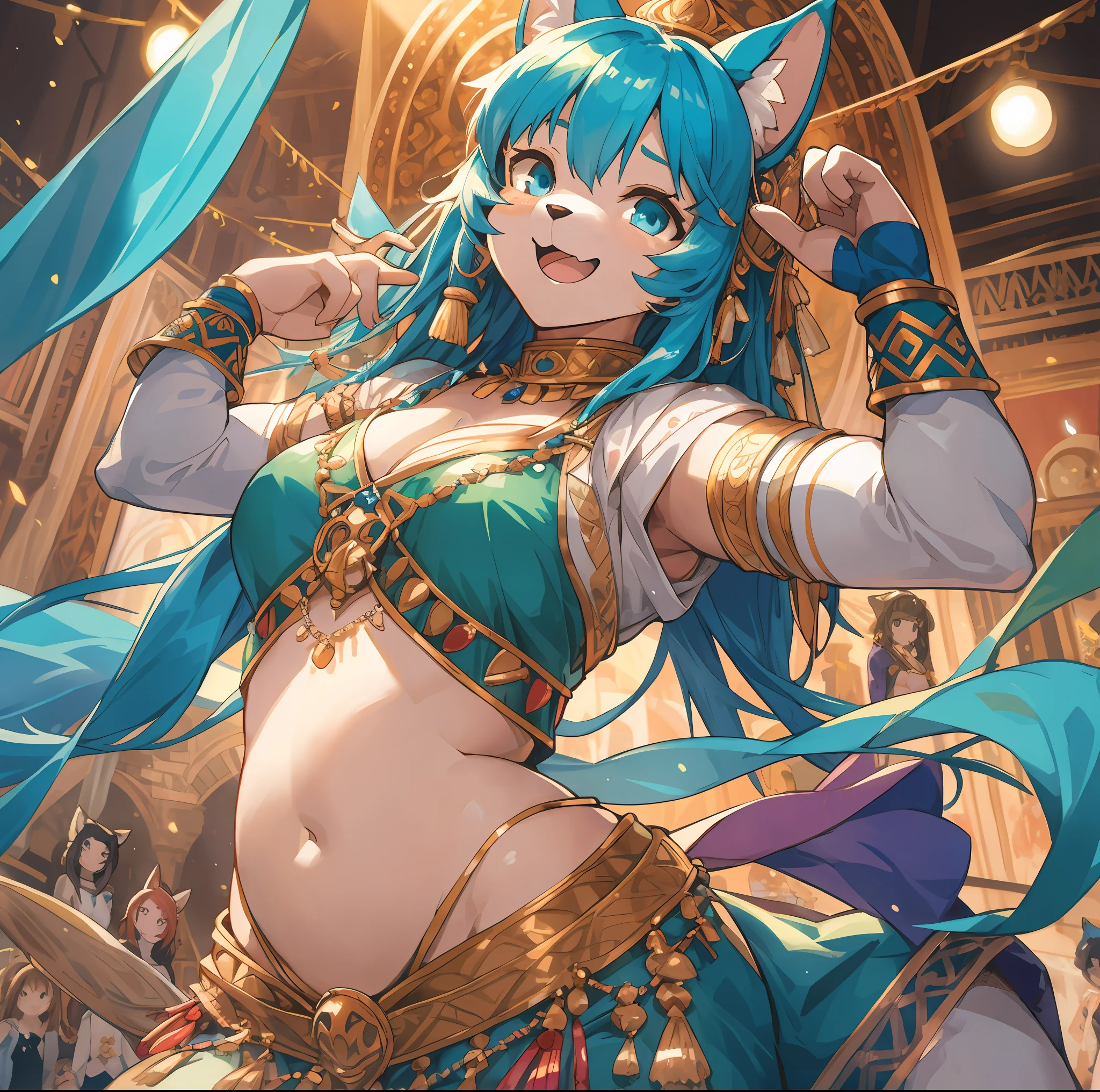 top quality, best quality, High-quality illustrations, masterpiece, super high resolution, detailed background, detailed background, Belly dancer, Raqs Sharqi, stage, Spotlight, group shot:0.2, 6+boys, 6+girls, Happy, joyful, absurdres(highly detailed beautiful face and eyes)perfect anatomy(kemono, furry anthro)selfie:0.1,