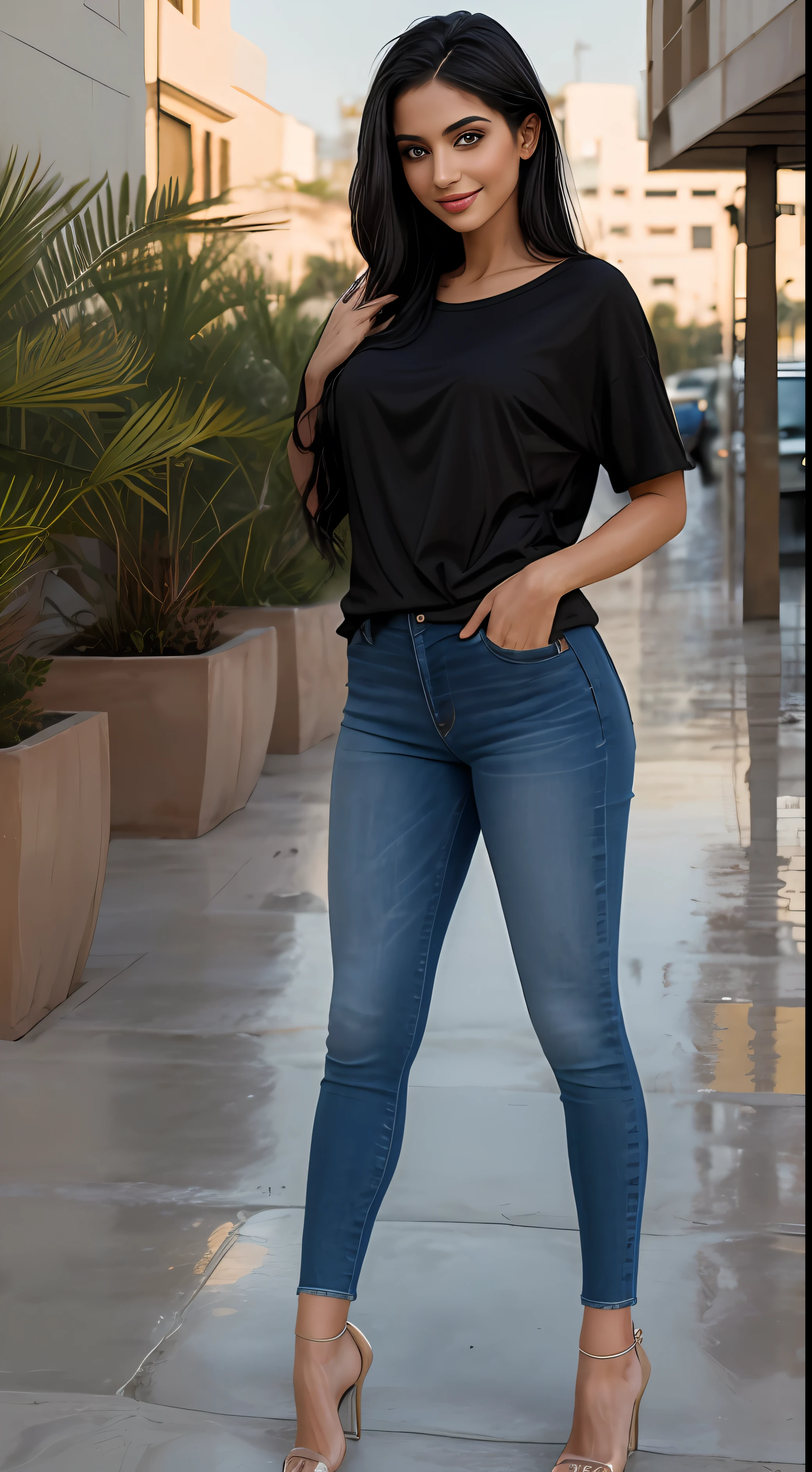 ((Best Quality, 8k, Masterpiece:1.3)), Focus: 1.2, Perfect Body Beauty: 1.4, Arabian 23 years old woman: 1.2, ((Long black Hair)), (wearing black Baggy tee-shirt:1.1) , basic full length tee-shirt (Rain, Street:1.3), color skinny jeans, long jeans: 1.1, Highly detailed face and skin texture, Detailed eyes, Double eyelids, toned body, Whitened skin, smile, toned breasts, toned legs, heels, whitened skin, detailed eyes and face, middle eastern woman,
