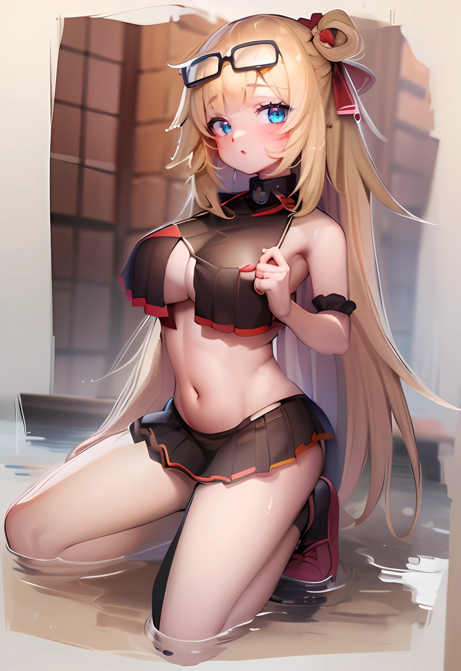 Make an artwork by vtuber Akai Haato, usando um biquini vermelho, umbigo exposto, barriga exposta, seios enormes, coxas sensuais, de joelhos na beira do mar, olhar sedutor, corpo molhadinho, coxas expostas.