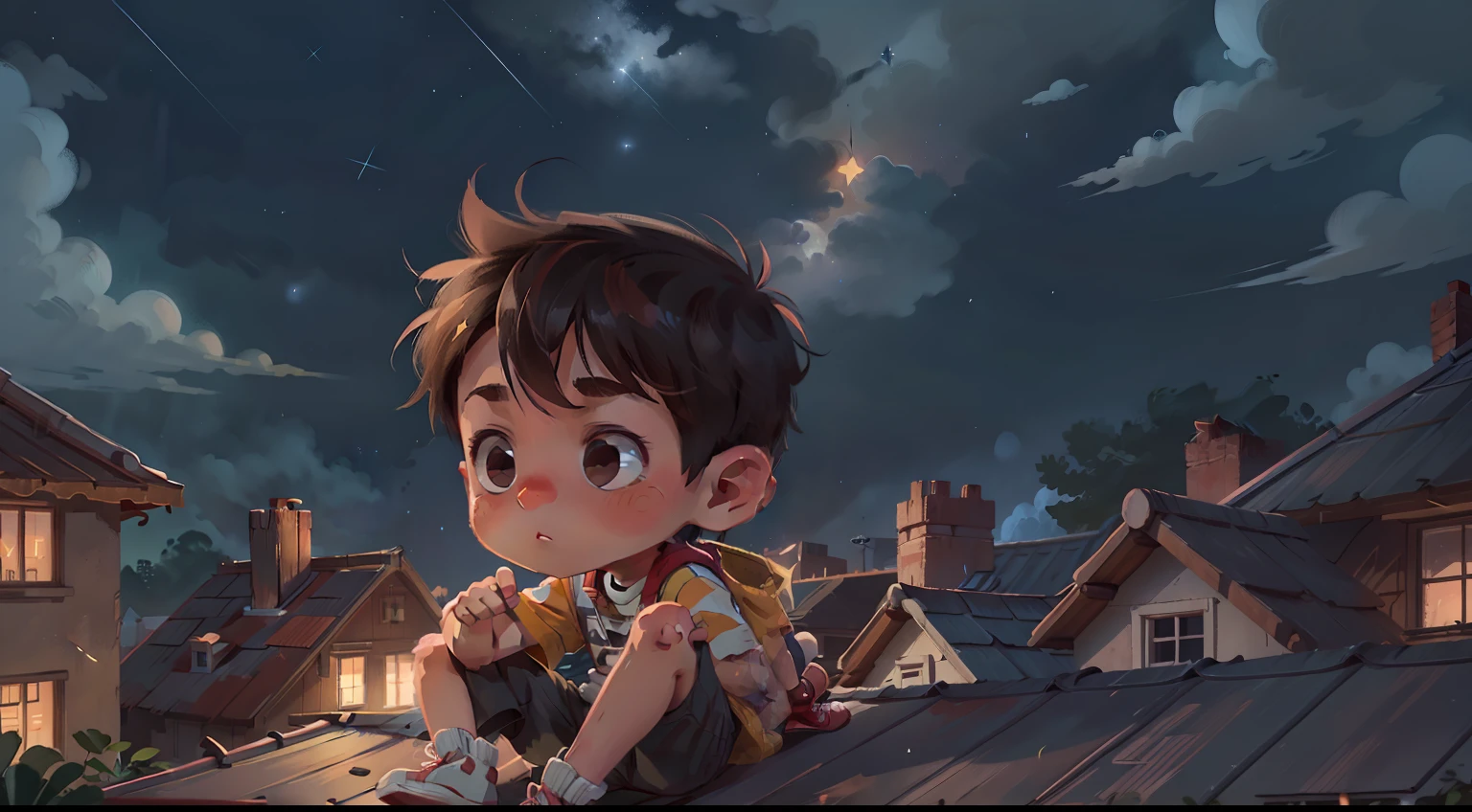 A young boy with，on rooftop，watching the stars