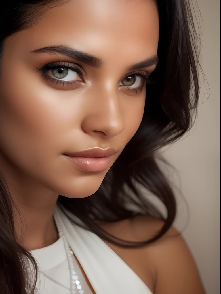 A photorealistic portrait of a insanel beautiful tanned Brazilian woman with light make-up, extremely detailed light honey eyes, sexy woman, detailed symmetric realistic face, extremely detailed natural texture, peach fuzz, messy windy hair, masterpiece, absurdres, award winning photo by Francesco Scavullo, nikon d850 film stock photograph, kodak portra 400 camera f1.6 lens, extremely detailed, amazing, fine detail, rich colors, hyper realistic lifelike texture, dramatic lighting, unrealengine, trending on artstation, cinestill 800 tungsten, looking at the viewer, photo realistic, RAW photo, TanvirTamim, high quality, highres, sharp focus, extremely detailed, cinematic lighting, 8k uhd