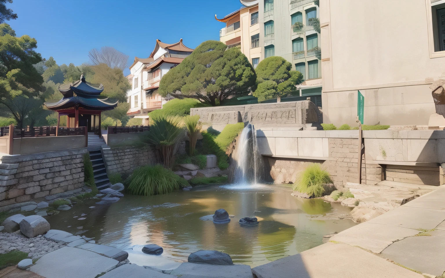 Chinese gardens，ancient wind，swordsmen，water ink，Realiy。Neatness，gazebo，pond
