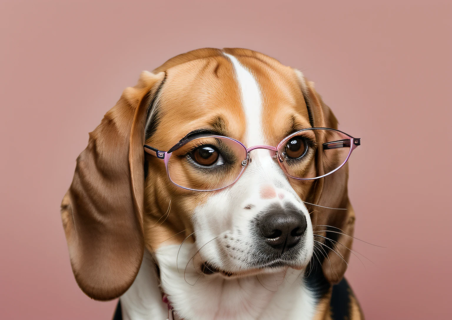 There is a dog with glasses on his head and a pink background, cute beagle, looks smart, subject: doggy, close up portrait shot, looking heckin cool and stylish, wearing reading glasses, anthropomorphic dog, portrait shooting, closeup portrait, wears glasses, Smart big eyes, pet animal, wearing small round glasses, Daisies, looks smart,Illustration style
