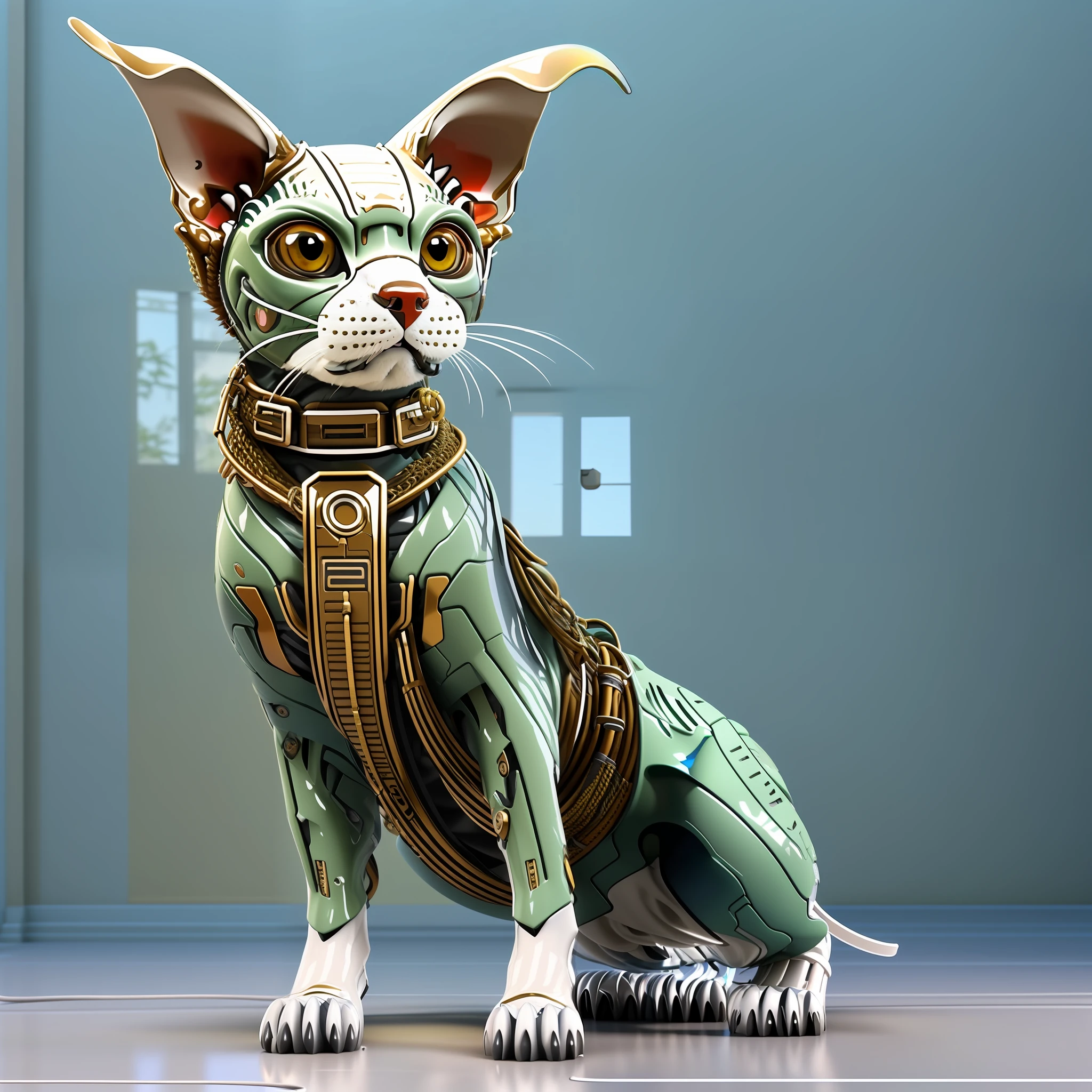 There's a cat with a leash and a green tag on it, olhar :: octan render, bonito 3d render, gato blindado, um gato ciborgue, denoised photorealistic render, realism rendering, artistic rendering, toxic cat, hyper realistic 3d rendering, gato ciborgue, gato zangado, ultra realistic rendering, imagem renderizada, foto altamente realista
