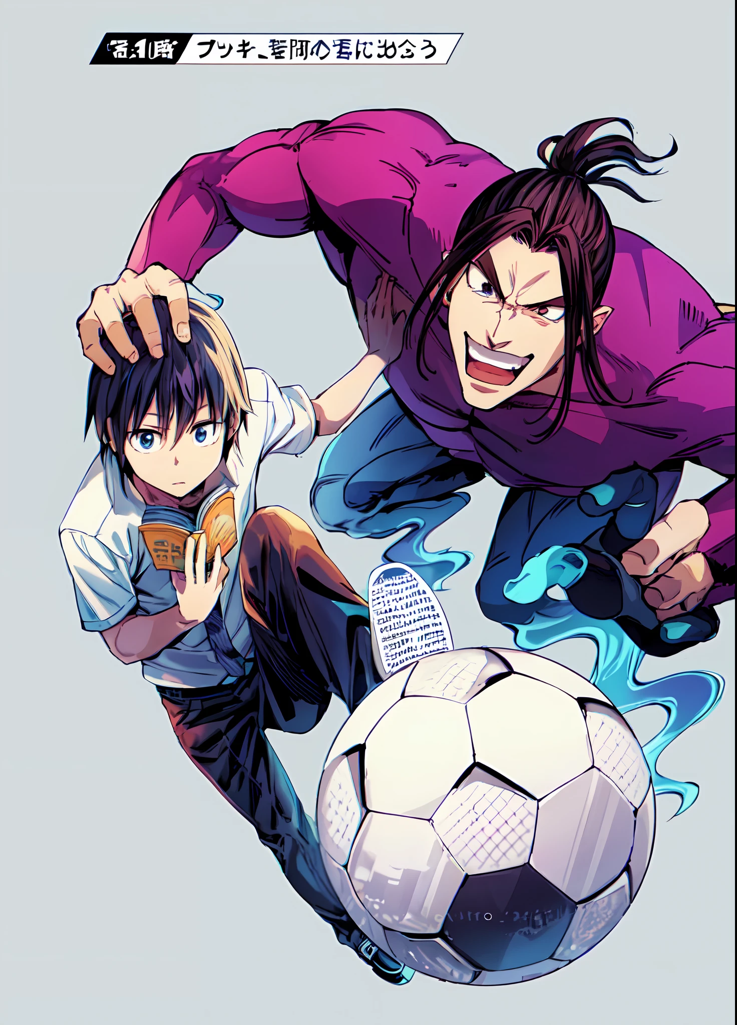 a anime of a boys manga, soul spirit beside him, ball, text manga, color manga, manga color, color manga, color manga panel, simple background