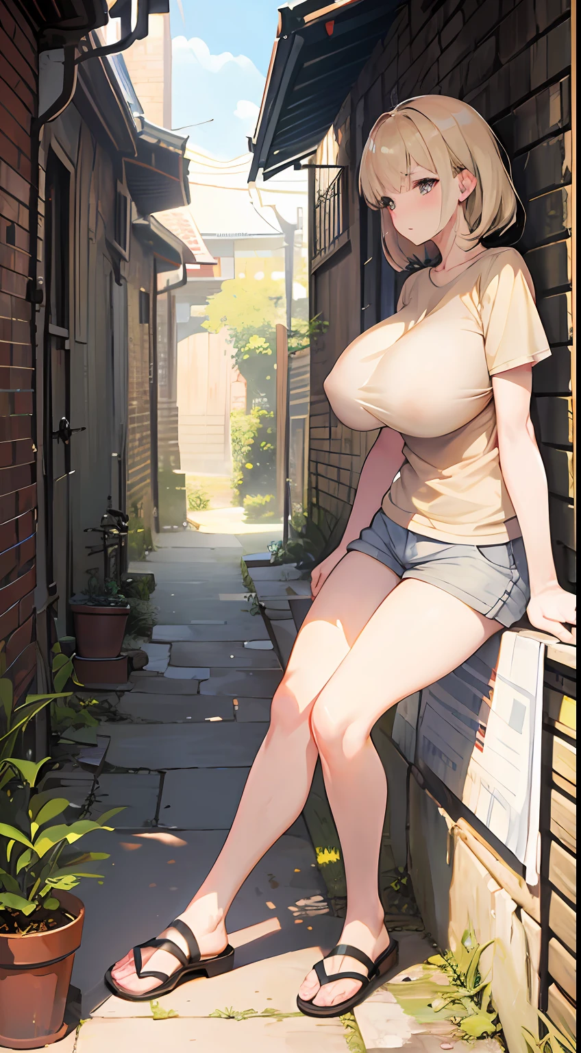 masterpiece, top-quality, (1 mature woman,taut breasts,huge tit:1.4), (((A MILF,Beige hair))),length hair,tshirts,shortpants,4 finger, 1 thumb, Best light and shadow, (Back alley), eliminate sunlight, sitting on,A small cat is huddled next to her, Dappled sunlight, tag, depth of fields, a plant, 夏天