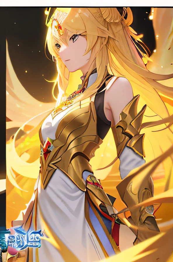 A long blonde hair，Woman with a sword in her hand, Anime goddess, Keqing from Genshin Impact, Portrait Chevaliers du Zodiaque Fille, zhongli from genshin impact, angelic golden armor, knights of zodiac girl, ((a beautiful fantasy empress)), Genshin impact's character, Genshin, golden goddess athena, gilded lotus princess