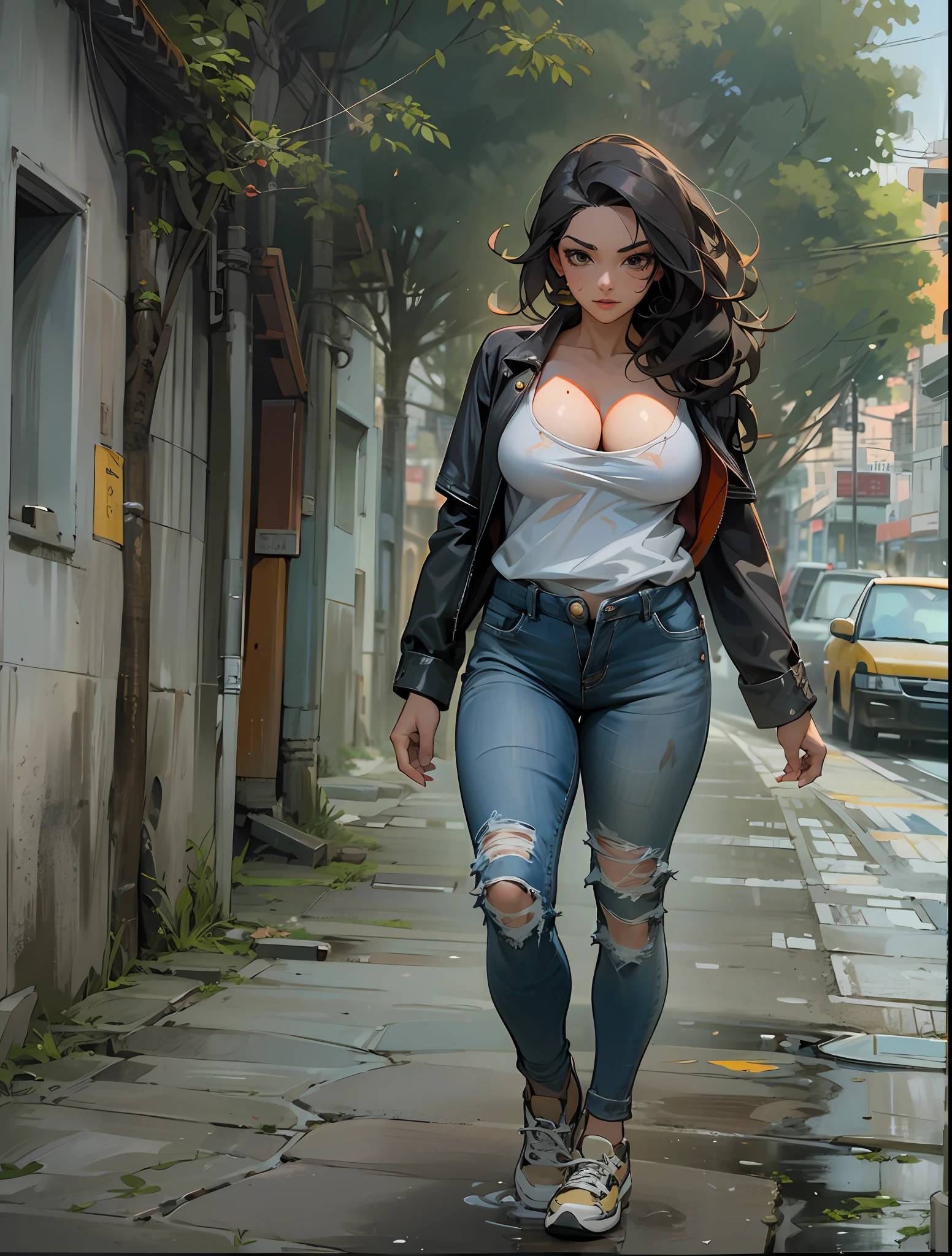 There's a very sexy 30-year-old woman in a realistic close-up, hot, despreocupado (Peta Jensen pov), medium dark gray hair and gradient at the ends, cabelo batendo nos ombros, na altura dos ombros, olhos verdes esmeralda, sobrancelha cerrada, olhar penetrante e sensual, nariz esnobado, empinado e arredondado, sardas no rosto, rosto ruborizada, thick lips, boca entreaberta, jaqueta de couro preta usada, Usado, jaqueta aberta para a barriga, totalmente aberta, barriga com piercing, no-bra, not wearing a bra, corpo perfeito e sexy, great contrast, realista, barriga natural marcada, jeans curto curto desabotoado, open zipper, sem calcinha, does not wear panties, quadril largo, pele com sardas, peitos grandes (Oppai), massivos, Mamalhuda, Seios enormes (peitos grandes) e molhados, drops of water running over your body, seios molhados, algumas poucas sardas nos seios, seios arredondados e volumosos, mamilos estufados e molhados, well visible, molhada, pingos de chuva, tempo nublado e fechado, Realistic cinematic light, dust particles in the air, parada olhando para cima, vista de cima, close de cima, View from above, olhar de cima, wearing sneakers, Sneakers tied, branco com linhas azuis, Stop at a bus stop on the road, estrada na coluna, lugar afastado, banco velho e bem sujo, descascando, Mooring, Great details, realista,estrada abandonada, com chuva leve, rusty road signs, mato seco, quadril largo, ajeitando os cabelos, realista, 4k, profundidade,