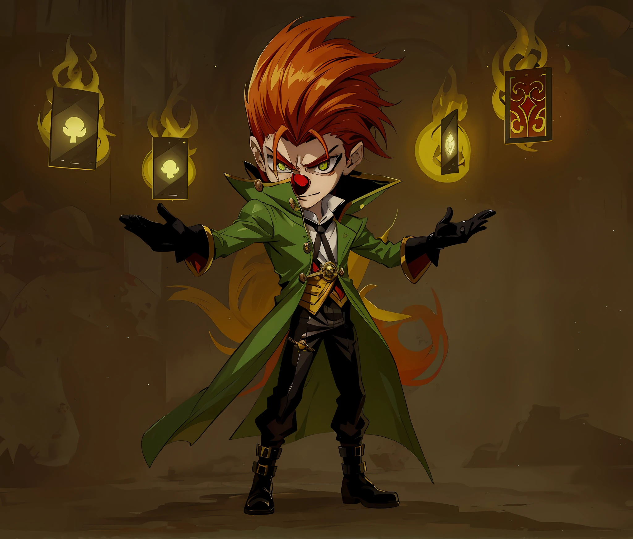 Anime character with red hair and green coat holding a lit lantern, Art des personnages de Maple Story, Dapper Dream Demon, Kakyoïn, Evil male wizard, Advanced Digital Chibi Art, evil wizard, Pose of the villain, Style League of Legends, Portrait du professeur Sinister, Partie Brando, Evil alchemist gnome, Art de style League of Legends, inspired by Luigi Kasimir