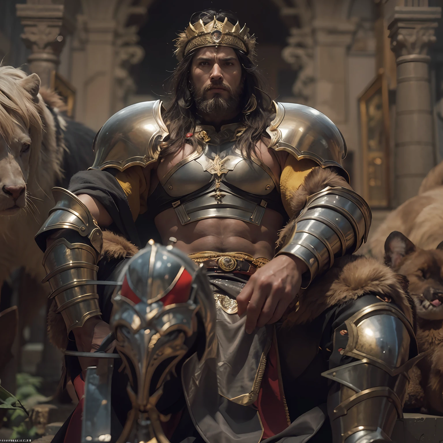 modelshoot style, (extremely detailed CG 8k wallpaper), body photo of the most beautiful artwork in the world, medieval armor, body portrait, Nimrod the first king of Babylon, hunter, barbarian, macho man, majestic professional oil painting by Ed Blinkey, Atey Ghailan, Studio Ghibli, by Jeremy Mann, Greg Manchess, Antonio Moro, trend at ArtStation, trend at CGSociety, Intricate, High Detail, Sharp Focus, Dramatic and Photorealistic Painting Art by Midjourney and Greg Rutkowski