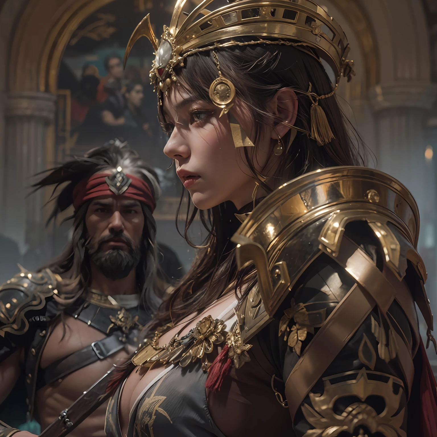 modelshoot style, (extremely detailed CG 8k wallpaper), body photo of the most beautiful artwork in the world, medieval armor, body portrait, Nimrod the first king of Babylon, hunter, barbarian, macho man, majestic professional oil painting by Ed Blinkey, Atey Ghailan, Studio Ghibli, by Jeremy Mann, Greg Manchess, Antonio Moro, trend at ArtStation, trend at CGSociety, Intricate, High Detail, Sharp Focus, Dramatic and Photorealistic Painting Art by Midjourney and Greg Rutkowski