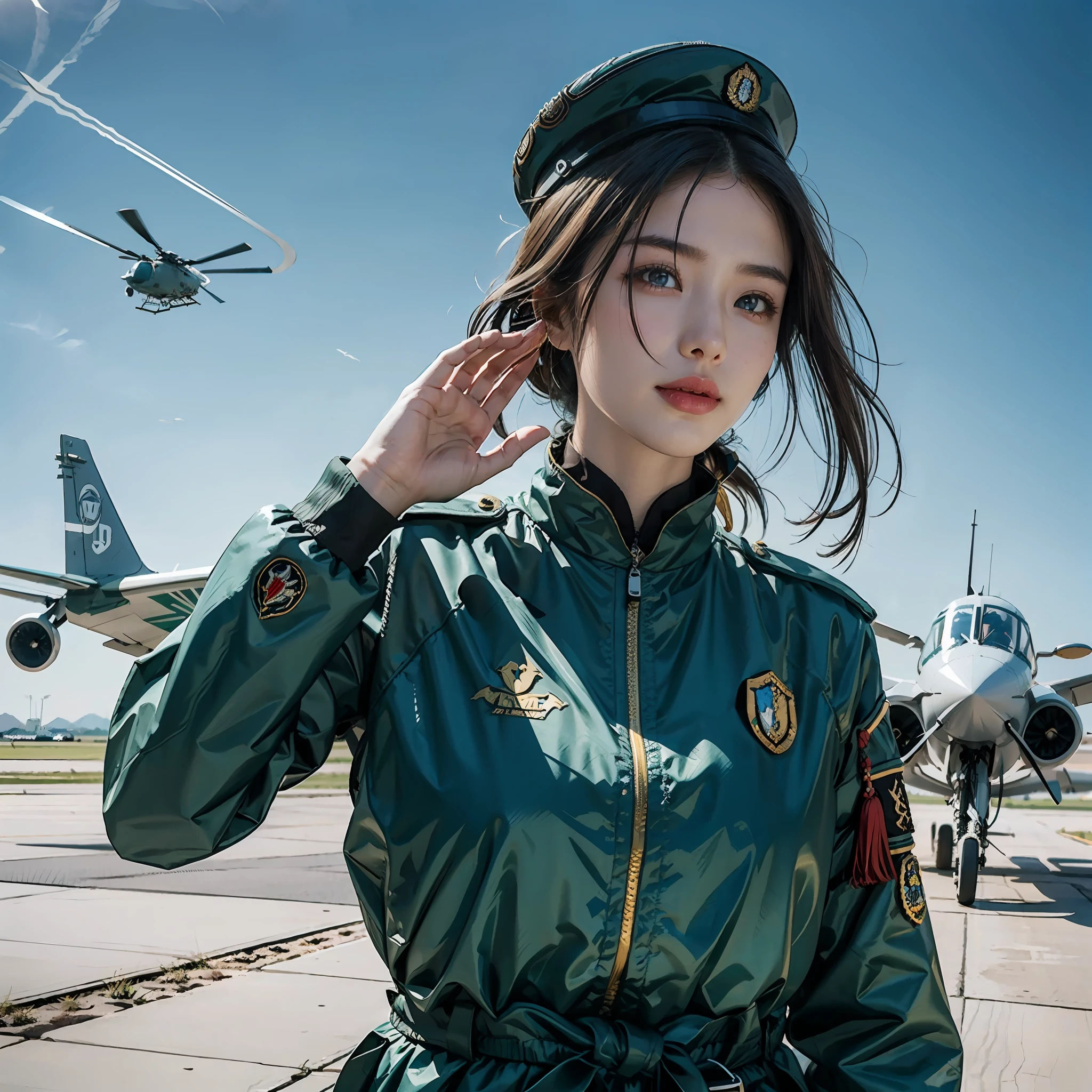 in a panoramic view，photorealestic，Modern style，Blue sky,baiyun，The helicopter is in the air，Air base in the desert，Stop in front of a fighter at the airfield，3girl，Wearing a modern Chinese Air Force uniform，Sky blue sky camouflage uniform，Blue military uniform，Wearing a black berets，Wear a Chinese sabre，Carry a pistol，Happy group photo in front of the plane，professinal，Meistwick，commissioned，best qualtiy，color corrected，After fixation，Retouching，Improvement，Epic，Tone-mapping，the detail， highly  detailed， digitial painting， art  stations， Conceptual map of the long dam， Smoothness， Sharp focus， Beautiful illustration， photore， The light from the back window is backlighted， 动态照明， Mist， 复杂， cinematic grain， professinal， face to the viewer，（Beautiful m3d_woman， Perfect M3D_face,）， Volumetriclighting， subsurfacescattering， Good highlights， Good shadows， cinematic ligh