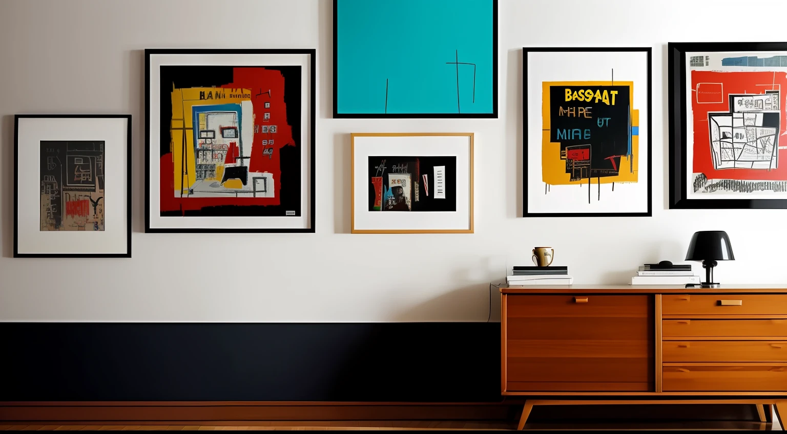 Background with、Basquiat's painting、picture frame、a room