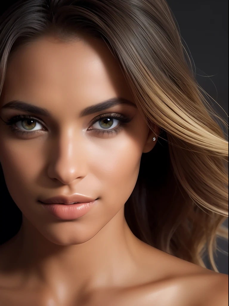 A photorealistic portrait of a insanelybeautiful tanned Brazilian woman with light make-up, extremely detailed light honey eyes, detailed symmetric realistic face, extremely detailed natural texture, peach fuzz, messy windy hair, masterpiece, absurdres, award winning photo by Francesco Scavullo, nikon d850 film stock photograph, kodak portra 400 camera f1.6 lens, extremely detailed, amazing, fine detail, rich colors, hyper realistic lifelike texture, dramatic lighting, unrealengine, trending on artstation, cinestill 800 tungsten, looking at the viewer, photo realistic, RAW photo, TanvirTamim, high quality, highres, sharp focus, extremely detailed, cinematic lighting, 8k uhd